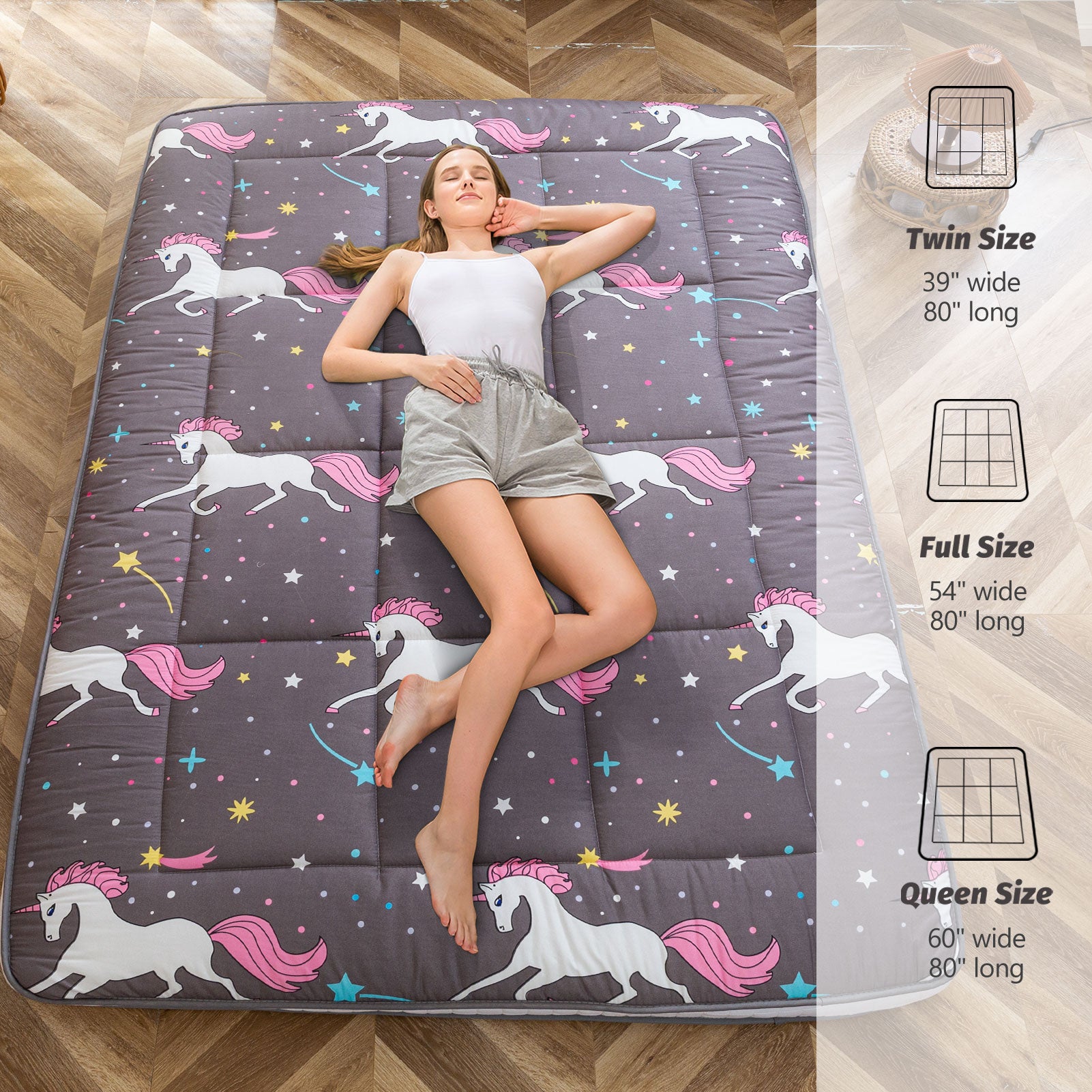 MAXYOYO Unicorn Pattern Padded Japanese Floor Mattress - Extra Thick Foldable Sleeping Pad for Camping, Travel & Home Use - Perfect for Guest Beds, Couch Lounging & Outdoor Adventures