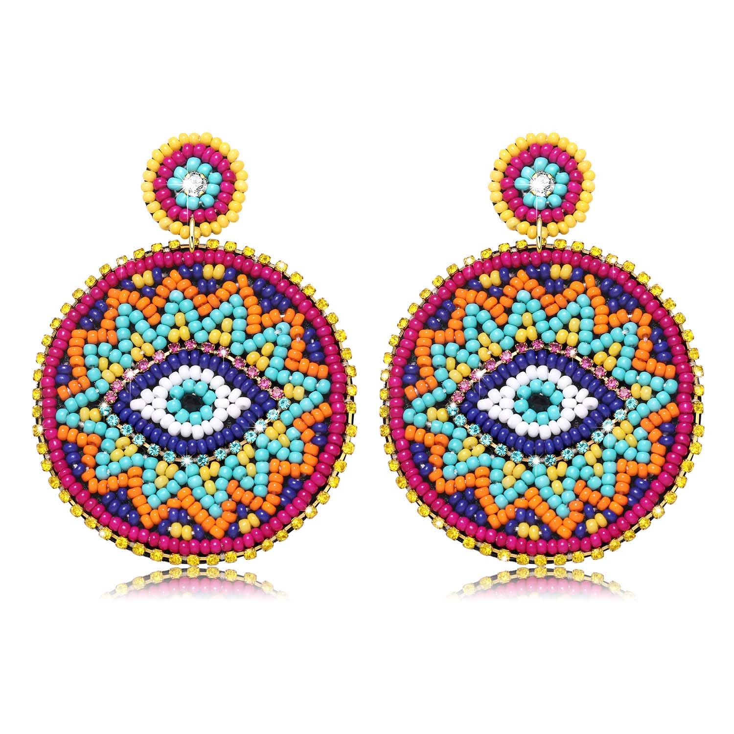 Handmade Bohemian Beaded Evil Eye Drop Earrings for Women - Multicolor Statement Dangle Earrings with Round Heart Design | Perfect for Boho Fashion, Festivals & Gift Giving