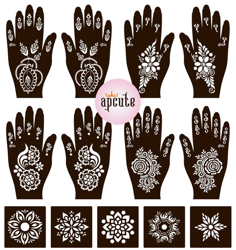APCUTE 13-Piece Mehndi Stencil Kit | Easy 4-Step Temporary Henna Tattoo Stickers for Full Hand Designs - Perfect for Women & Girls | DIY Body Art for Weddings, Festivals & Special Occasions