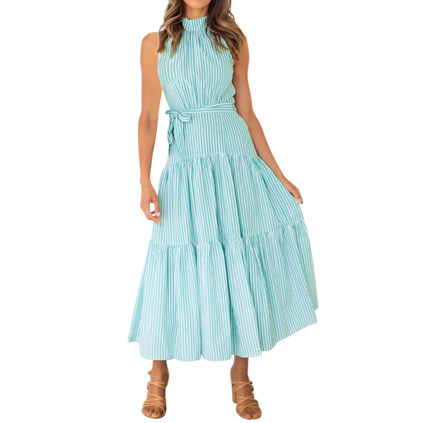 Women's Casual Halter Neck Striped Maxi Dress - Sleeveless Button Down Summer Dress for Women Plus Size White | Beach Vacation, Party, Date Night Outfit