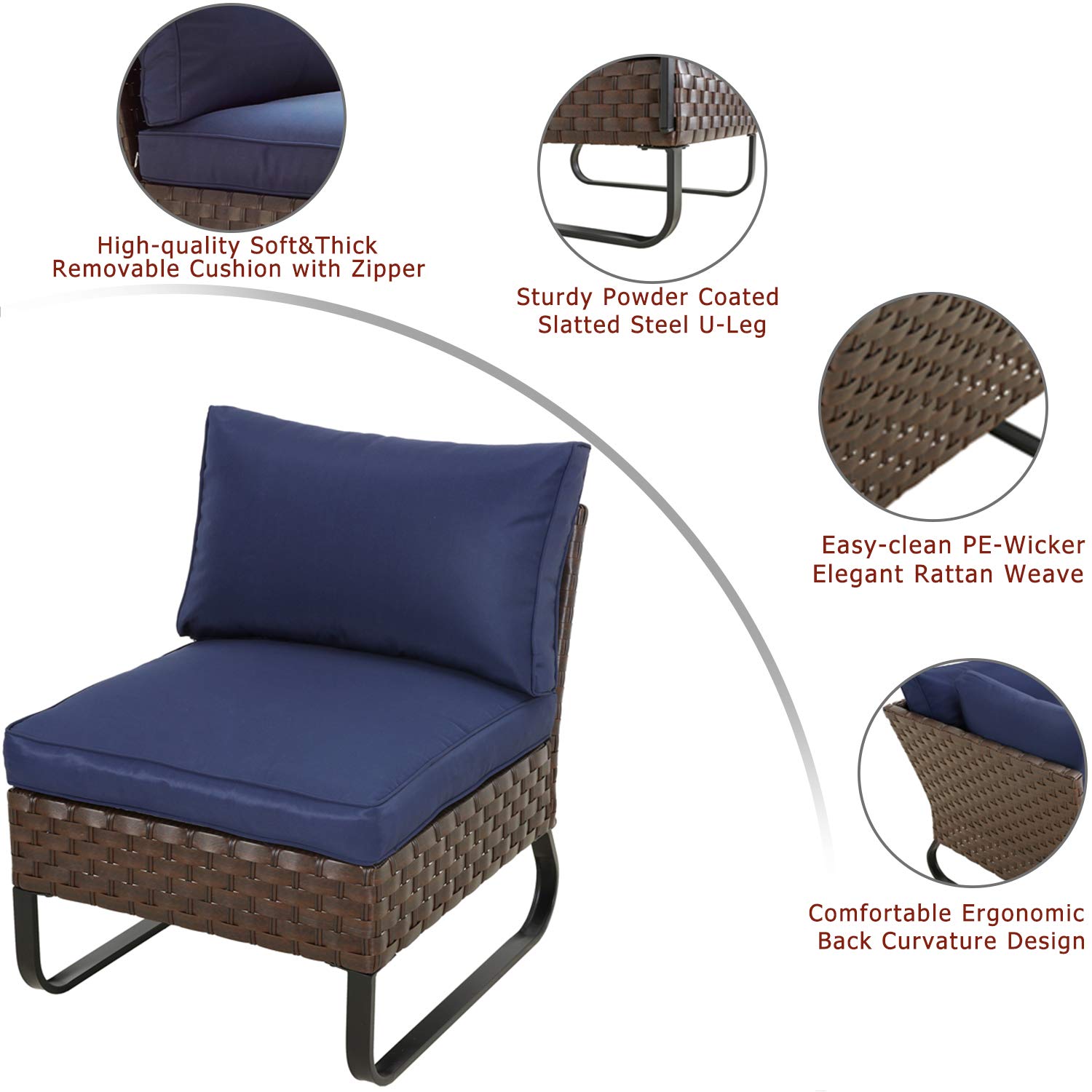 Premium Outdoor Wicker Rattan Armless Section Chairs with Deep Cushions & U-Shaped Steel Legs - All-Weather Patio Dining Furniture for Garden, Poolside, and Backyard Relaxation | Perfect for Outdoor Entertaining, Lounging, and Alfresco Dining