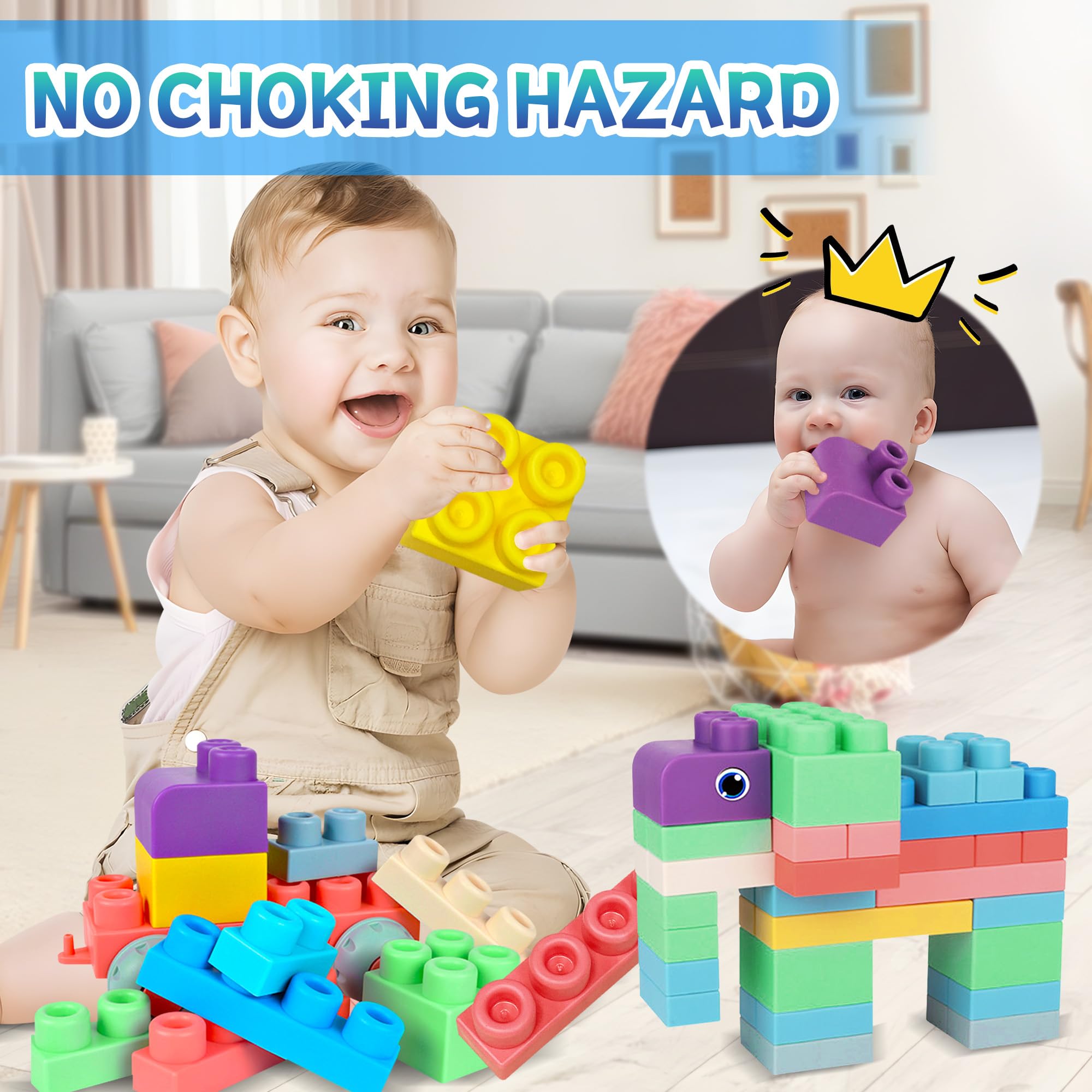 100PCS Soft Rubber Baby Building Blocks Set with Storage Bucket - STEM Educational Toys for Toddlers & Preschool Kids - Sensory Stacking Blocks to Boost Creativity - Perfect for Daycare, Birthday Gifts & Early Learning Activities