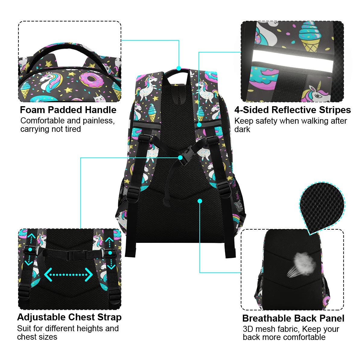 **MNSRUU Rainbow Unicorn Laptop Backpack with Chest Strap - Durable School & Travel Backpack for Boys & Girls - Perfect for Hiking, College & Daily Use**