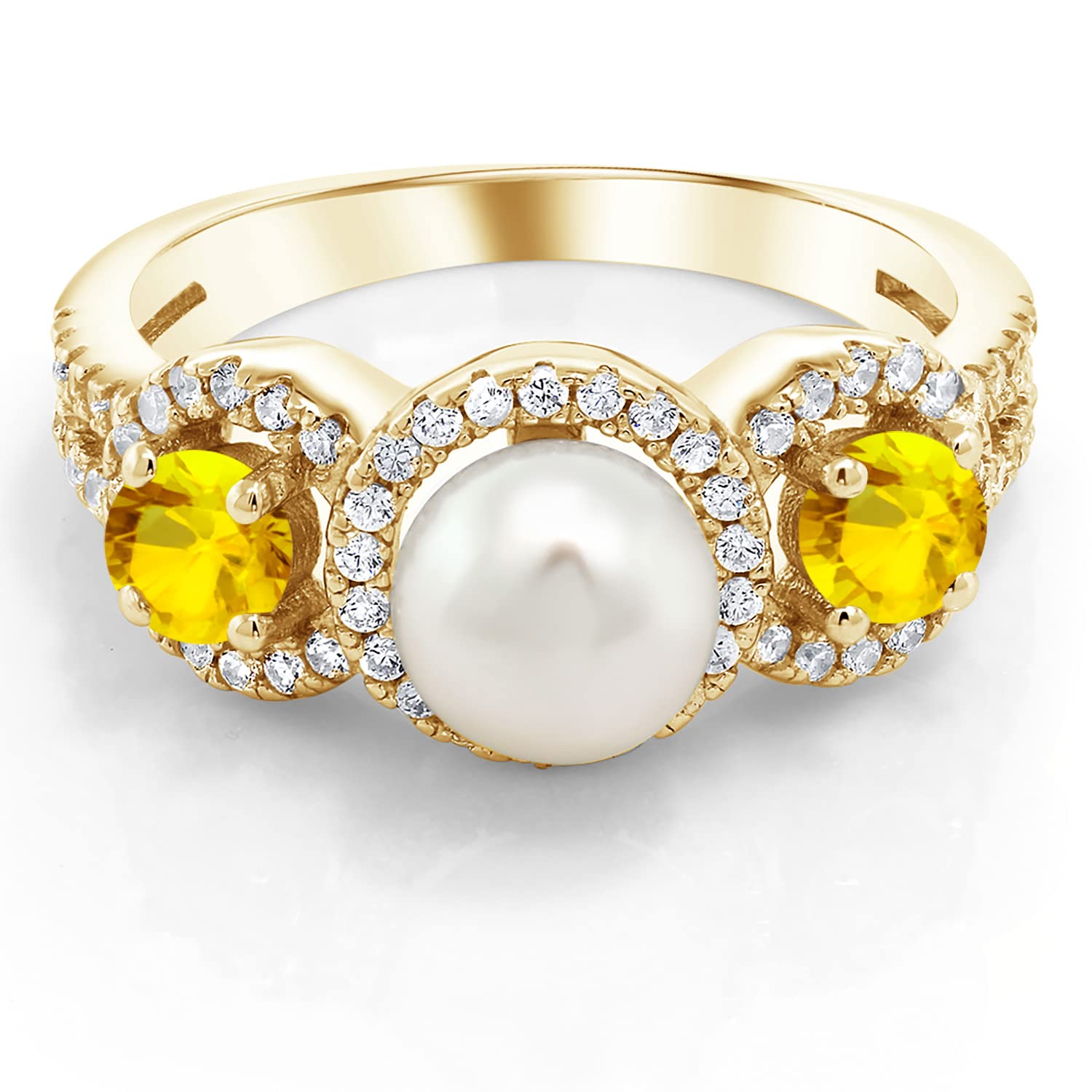 1.52 Ct Round Yellow Sapphire & Cultured Freshwater Pearl Ring in 18K Gold Plated Silver | Gem Stone King | Elegant Jewelry for Weddings, Anniversaries & Special Occasions