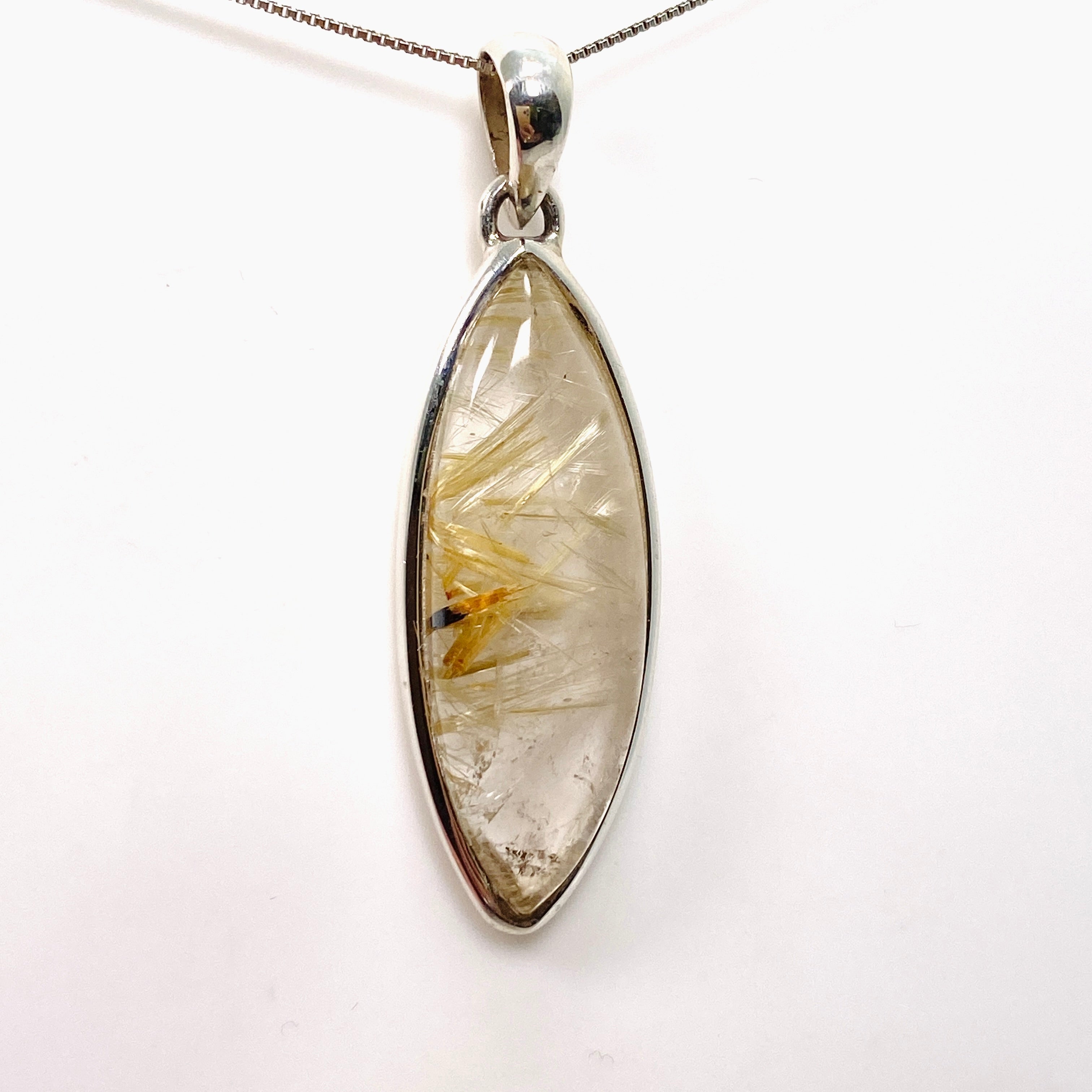 Natural Rutilated Quartz Marquise Cabochon Pendant Necklace - Handmade Jewelry for Women, Spiritual Healing & Energy Balance - Perfect for Meditation, Yoga & Gift Giving
