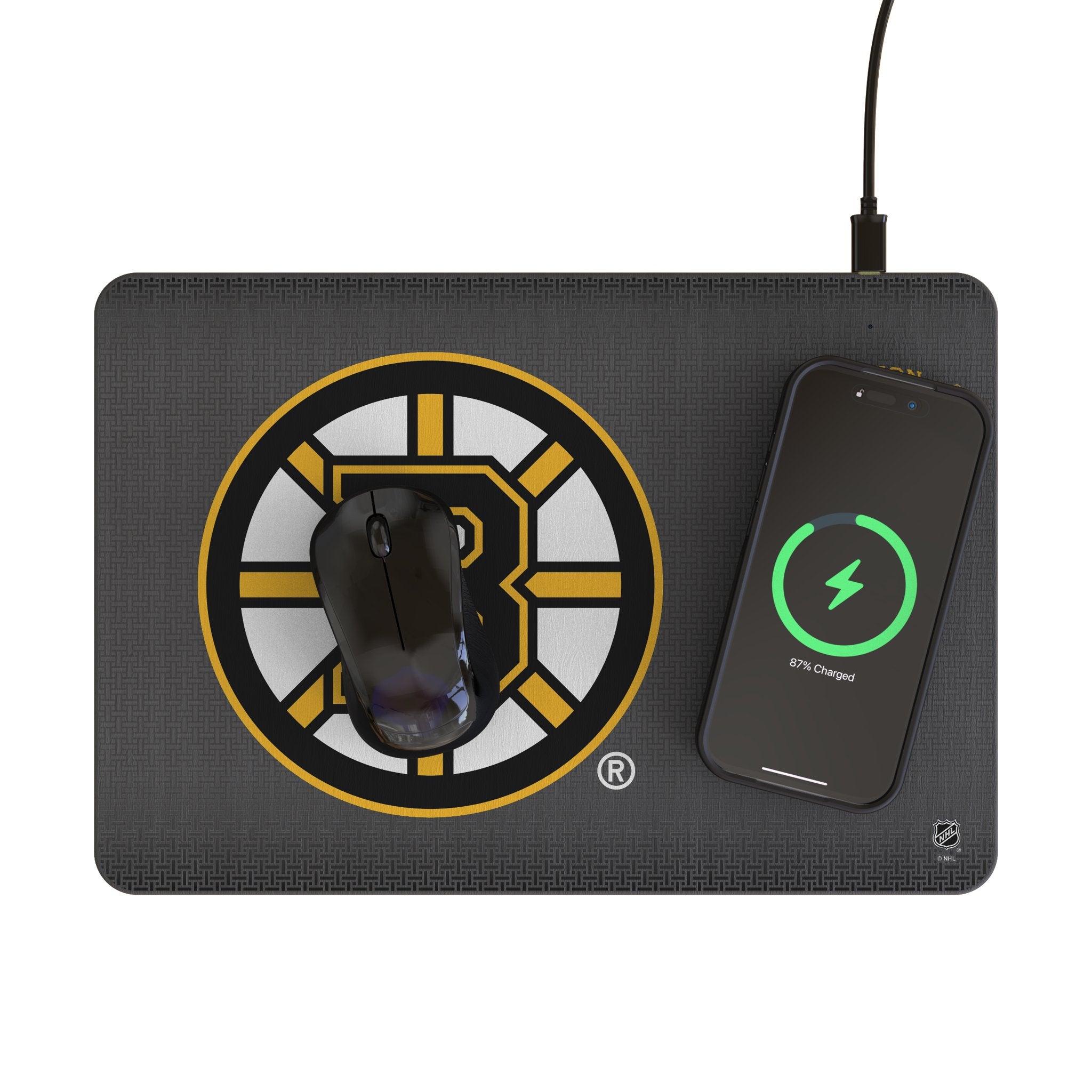 Boston Bruins Linen 15W Fast Wireless Charger & Mouse Pad - Perfect for Office, Gaming & Home Desk Setup