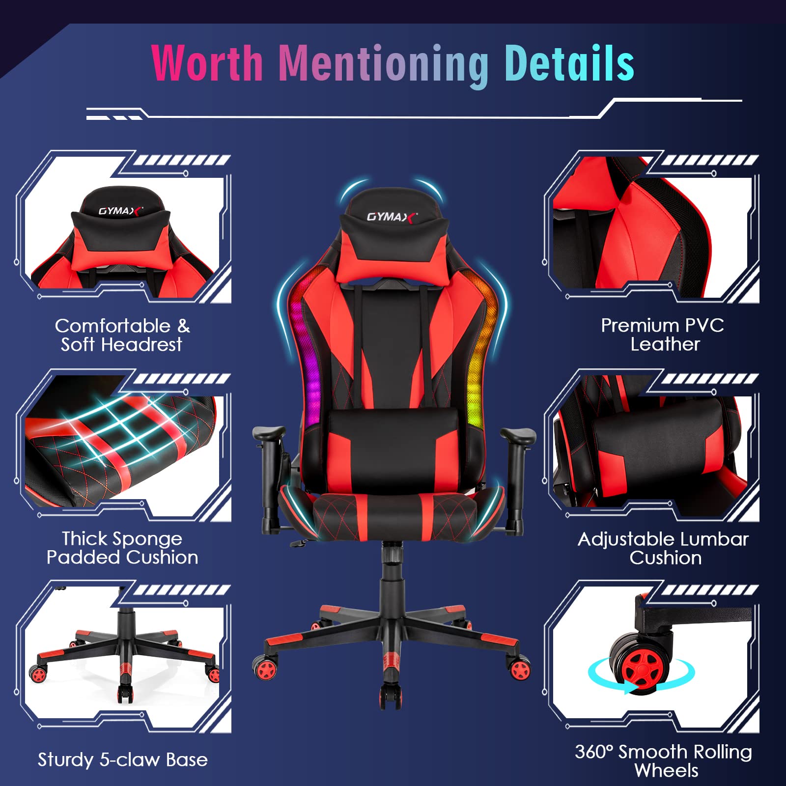 Powerstone RGB Gaming Chair - Ergonomic Racing Style Computer Chair for Adults with Adjustable Lumbar Support & Armrests - High Back Office Desk Chair for Gamers (Red) - Perfect for Esports, Streaming & Home Office Workspace