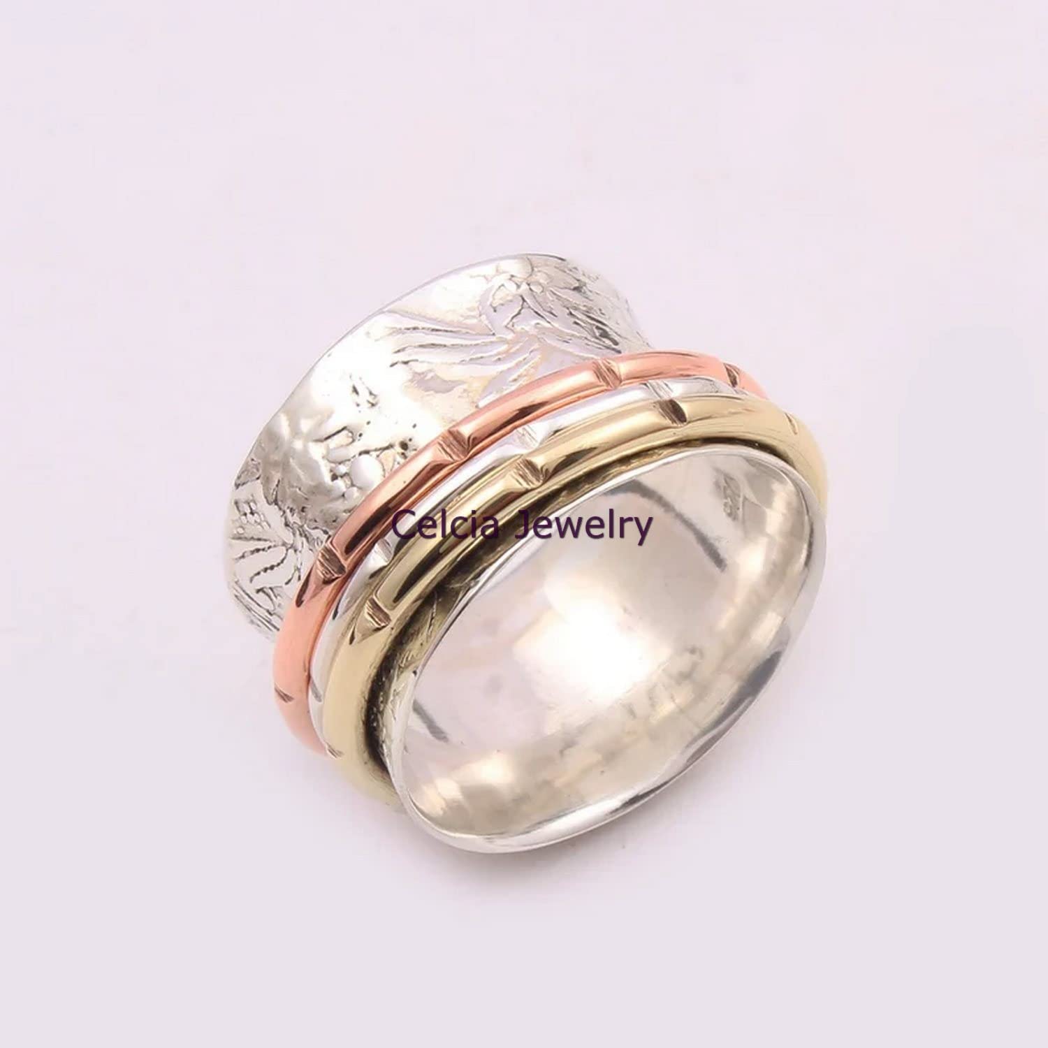Spinner Ring for Women - Stress Relief & Meditation Spinning Ring, Wedding & Promise Proposal Ring, Stackable Three-Tone Ring, Beautiful Mother's Day Gift (US Size 7) - Perfect for Anxiety Relief, Mindfulness Practice & Special Occasions