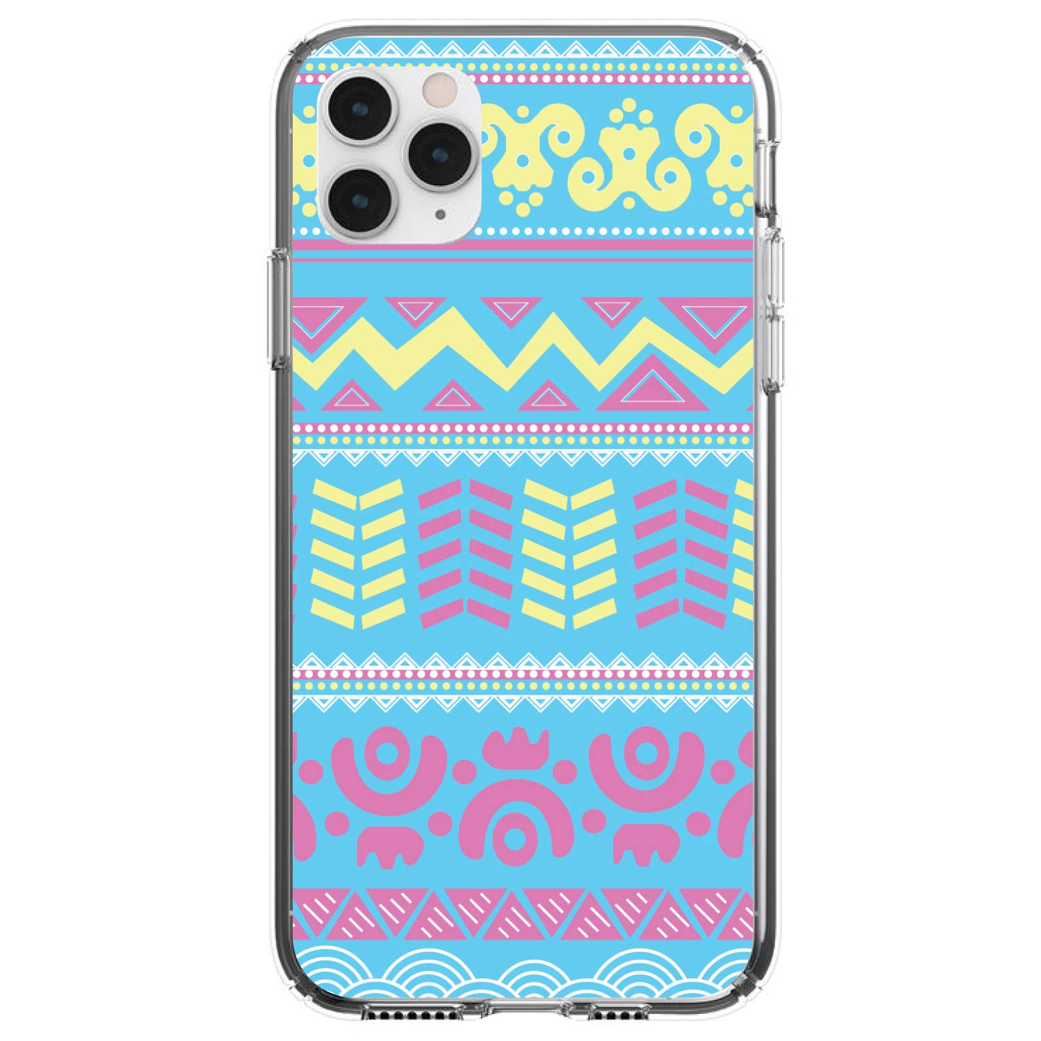 Premium Clear Shockproof Hybrid Case for iPhone 13 Pro MAX (6.7 Inch) - TPU Bumper with Acrylic Back & Tempered Glass Screen Protector - Yellow Pink Blue Aztec Tribal Design - Perfect for Outdoor Activities, Travel & Daily Protection