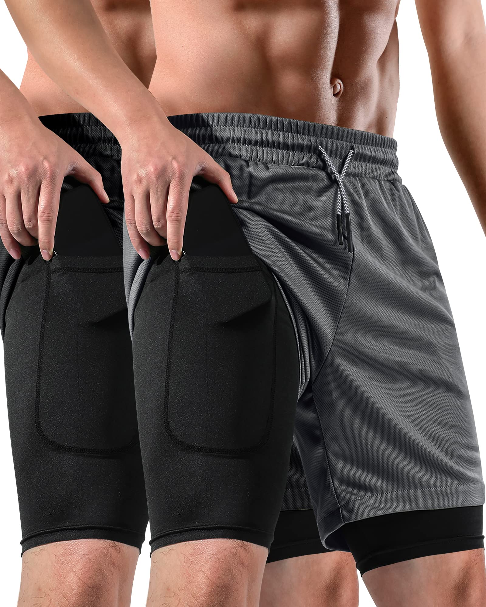 2 in 1 Men's Gym Shorts 7 Inch with Pockets & Towel Loop - 2 Pack Quick Dry Running Shorts for Workout, Jogging & Casual Wear | Perfect for Gym, Sports & Outdoor Activities