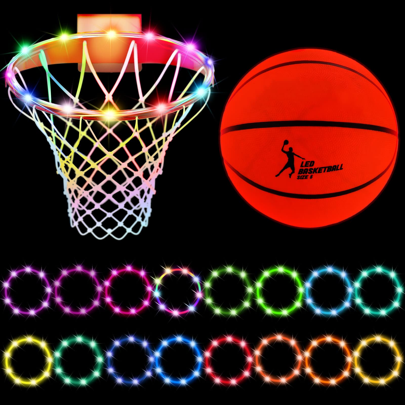 2 Pack LED Basketball Hoop Lights - Glow in The Dark Basketball Rim Lights with Remote Control, 17 Colors & 7 Lighting Modes, Waterproof for Outdoor/Indoor Court - Perfect Gift for Boys Age 12+ for Night Games & Backyard Fun