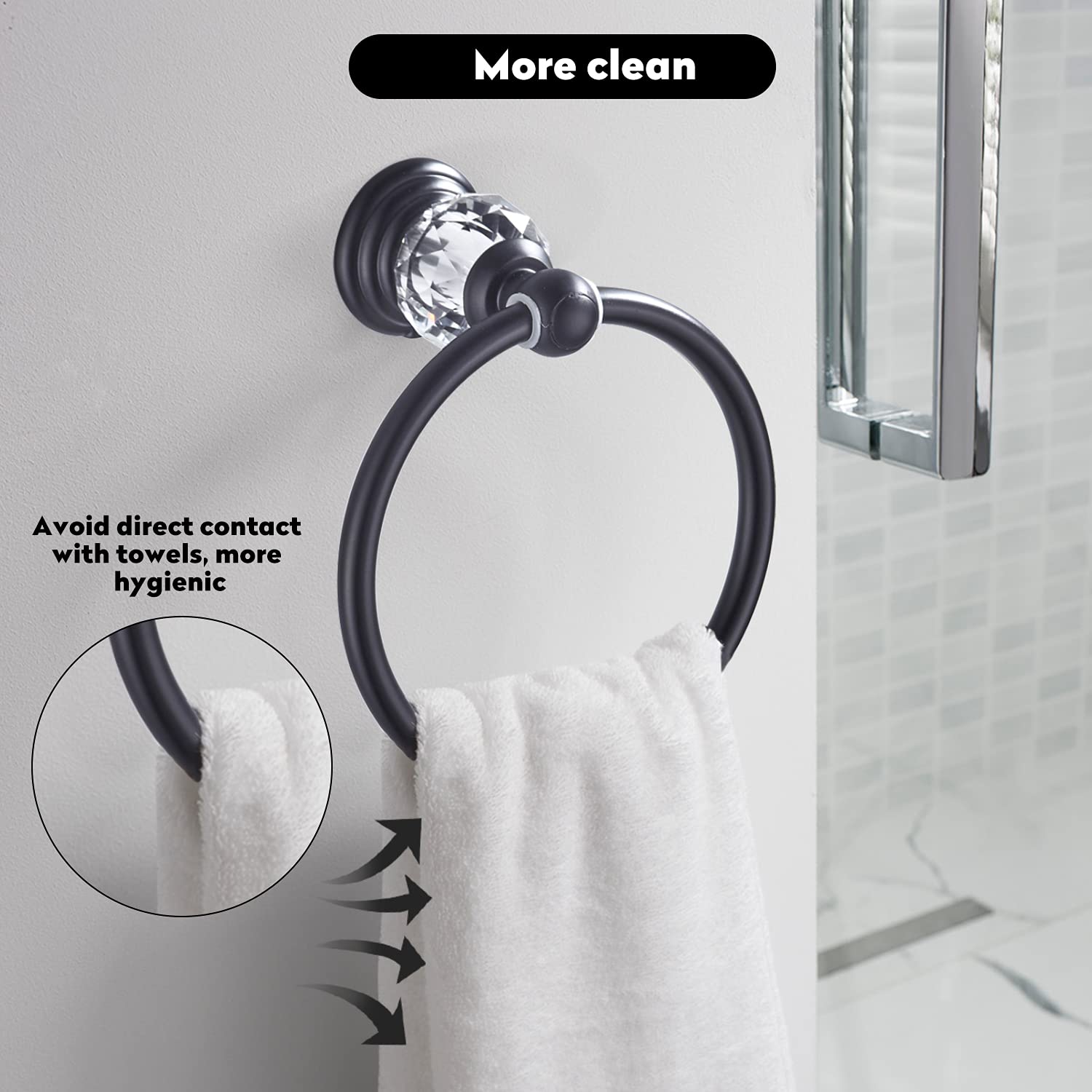 WINCASE Matte Black Crystal Towel Ring - Wall Mounted Bathroom Hand Towel Holder & Round Towel Hanger Rack for Modern Home Decor | Perfect for Guest Bathrooms, Powder Rooms & Spa-Style Showers
