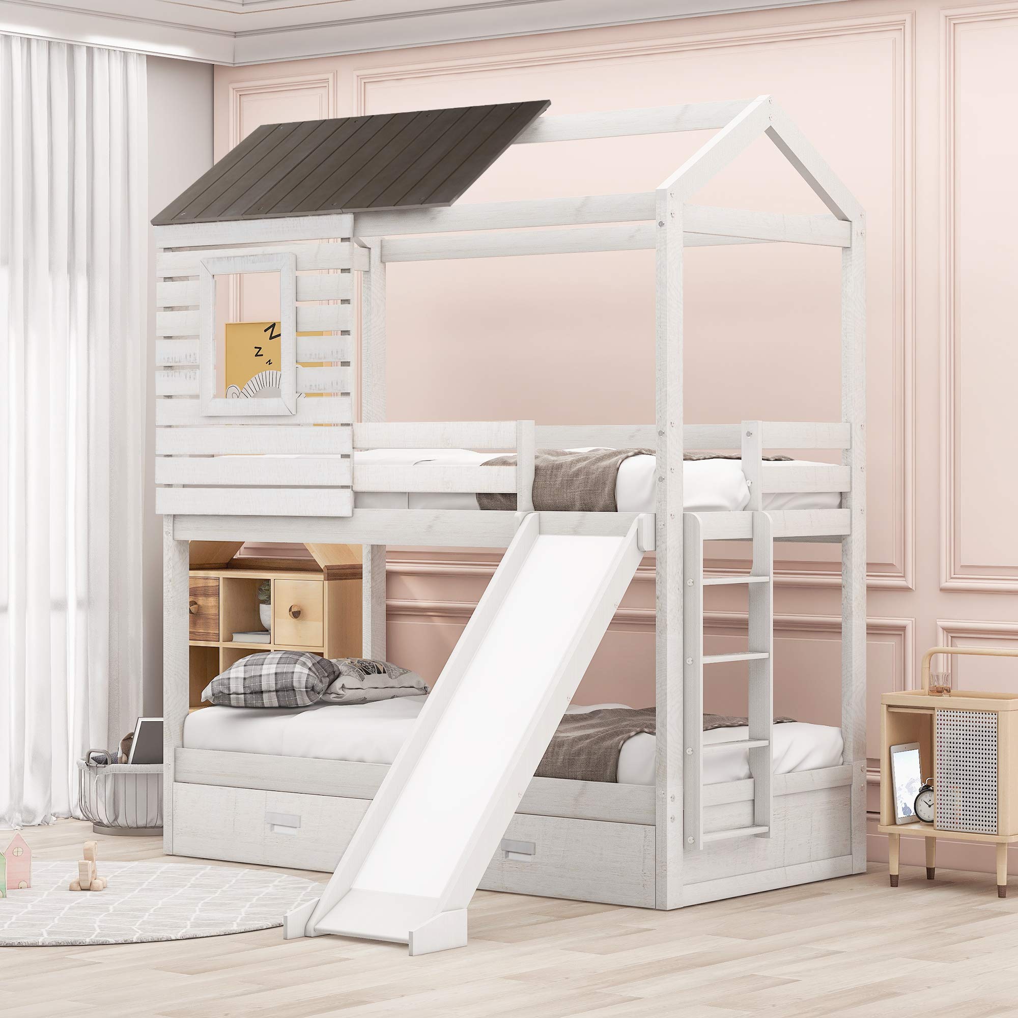 **Wooden Low Loft Twin Over Twin Bunk Bed with Storage Drawers & Slide - Kids, Teens & Adults House-Shaped Bunk Bed in Antique White - Space-Saving Solution for Small Bedrooms, Playrooms & Guest Rooms**