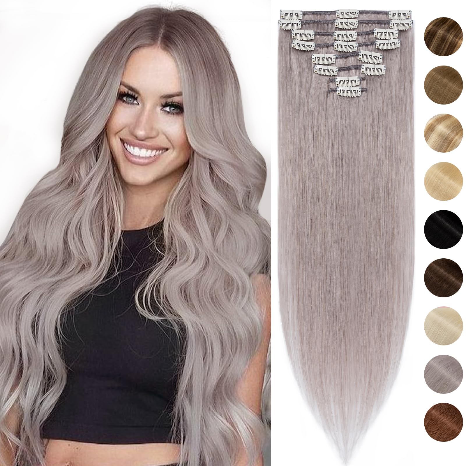 10 Inch Real Human Hair Clip in Hair Extensions - 100% Remy Straight Grey Hair - 8 PCS 50g Thin Weft for Natural Look | Perfect for Daily Wear, Parties & Special Occasions