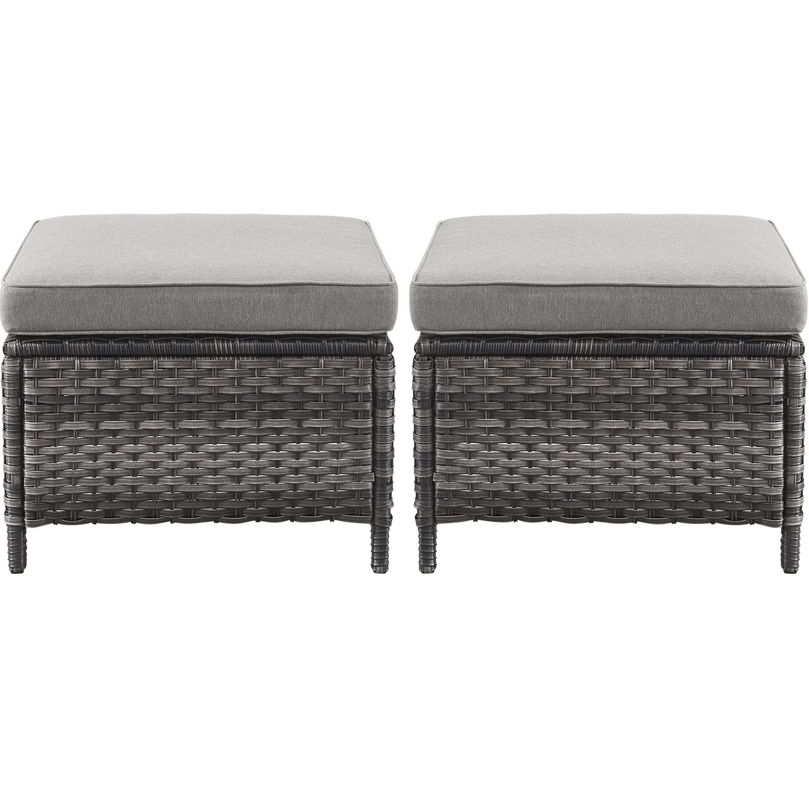 All-Weather Outdoor Patio Ottoman Set of 2 - Wicker Rattan Footstool with Soft Cushions for Garden, Deck & Poolside Relaxation