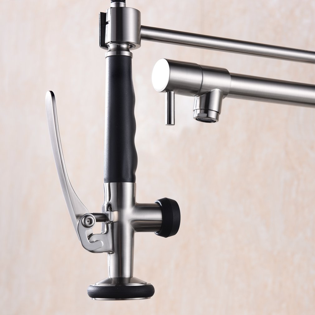 Commercial Heavy Duty Spring Single Handle Brass Kitchen Faucet with Pull Down Sprayer & Pot Filler, Stainless Steel Brushed Nickel for Modern Kitchens and Restaurants