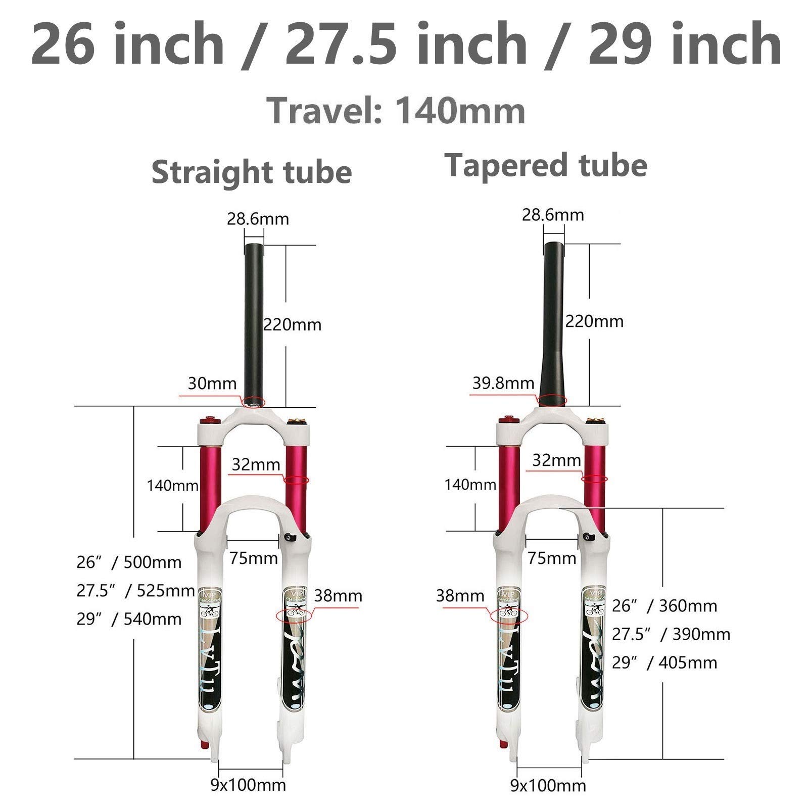 **Air Front Fork 26/27.5/29 Inch Magnesium Alloy MTB Suspension Fork - Straight/Tapered Tube for 1.5-2.45