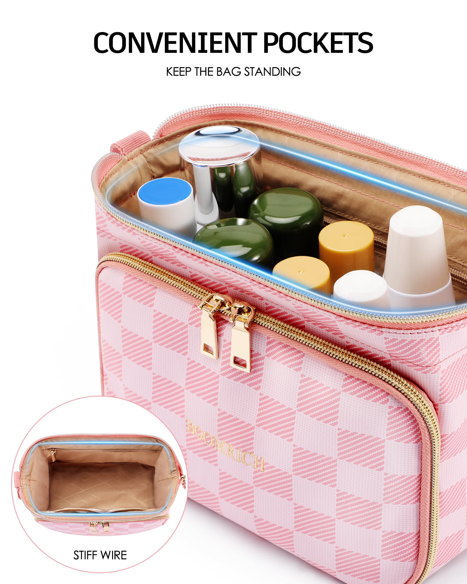 BOOMRICH Waterproof Leather Travel Makeup Bag - Large Wide-Open Cosmetic Organizer Pouch with Brush Holder, Portable Toiletry Case for Women (Pink) | Perfect for Vacation, Gym, Business Trips & Daily Essentials Storage