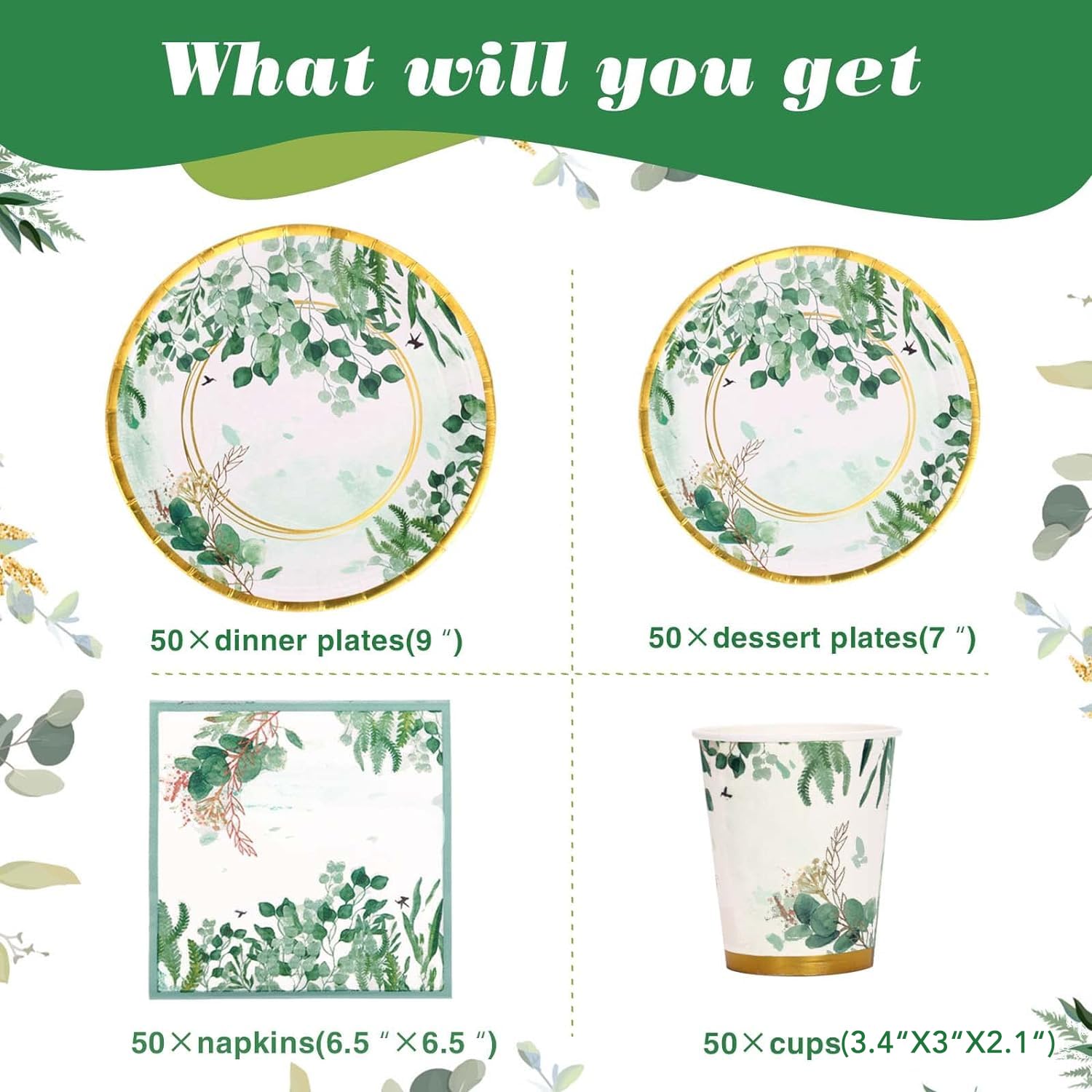 Sage Green Party Decorations Set - 200 Pcs Disposable Plates, Cups & Napkins for Baby Shower, Wedding, Birthday, Baptism - Eucalyptus Themed Tableware - Serves 50 Guests - Perfect for Rustic, Boho & Garden Party Decor