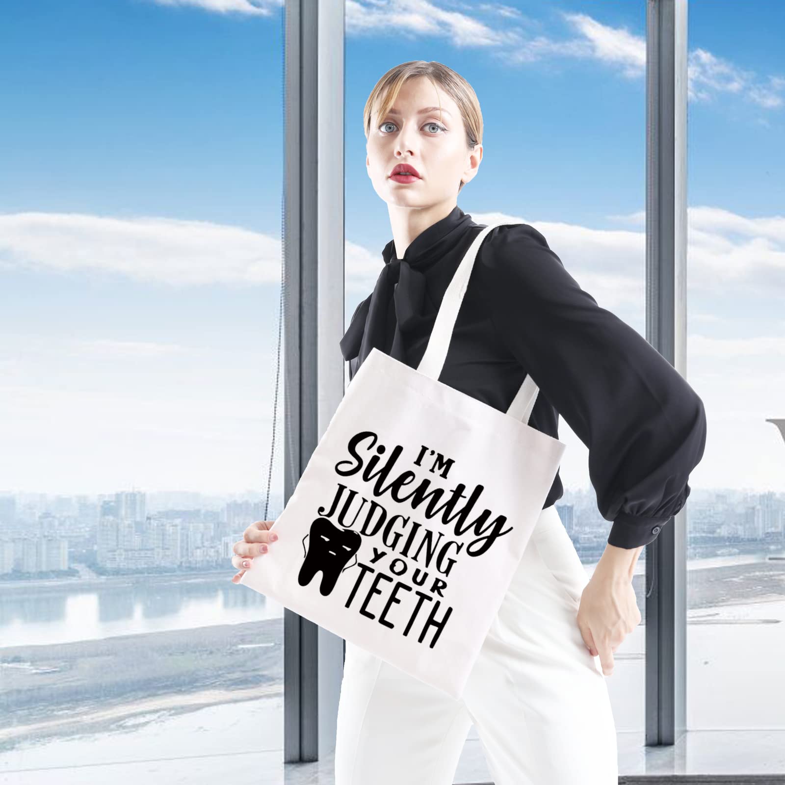Dentist Gift for Dental Hygienist & Assistant - Funny 'I'm Silently Judging Your Teeth' Graduation Tote Bag - Perfect for Dental School Graduates, Appreciation Gifts & Office Humor