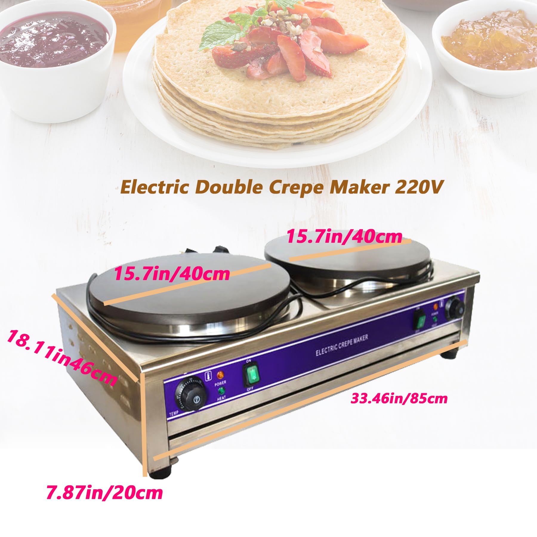 TECHTONGDA 15.7-Inch Commercial Electric Griddle & Crepe Maker - 220V Double Pancake Grill with Non-Stick Surface & Adjustable Temperature - Perfect for Blintzes, Tortillas, Crepes, and Breakfast Cooking