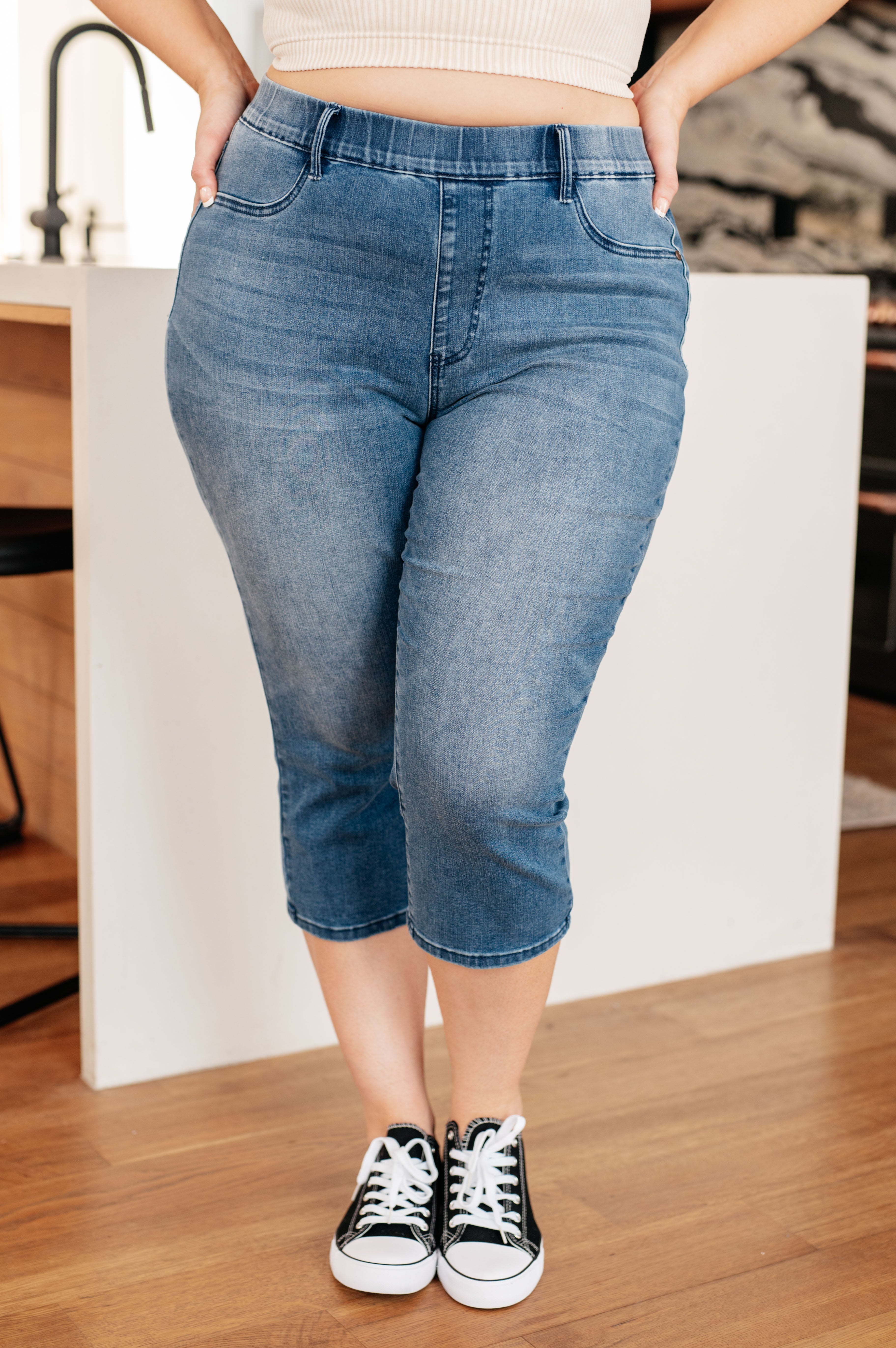 Emily High Rise Cool Denim Pull On Capri Jeans for Women - Stretchy Comfort Fit, Trendy Casual Summer Pants for Travel & Everyday Wear
