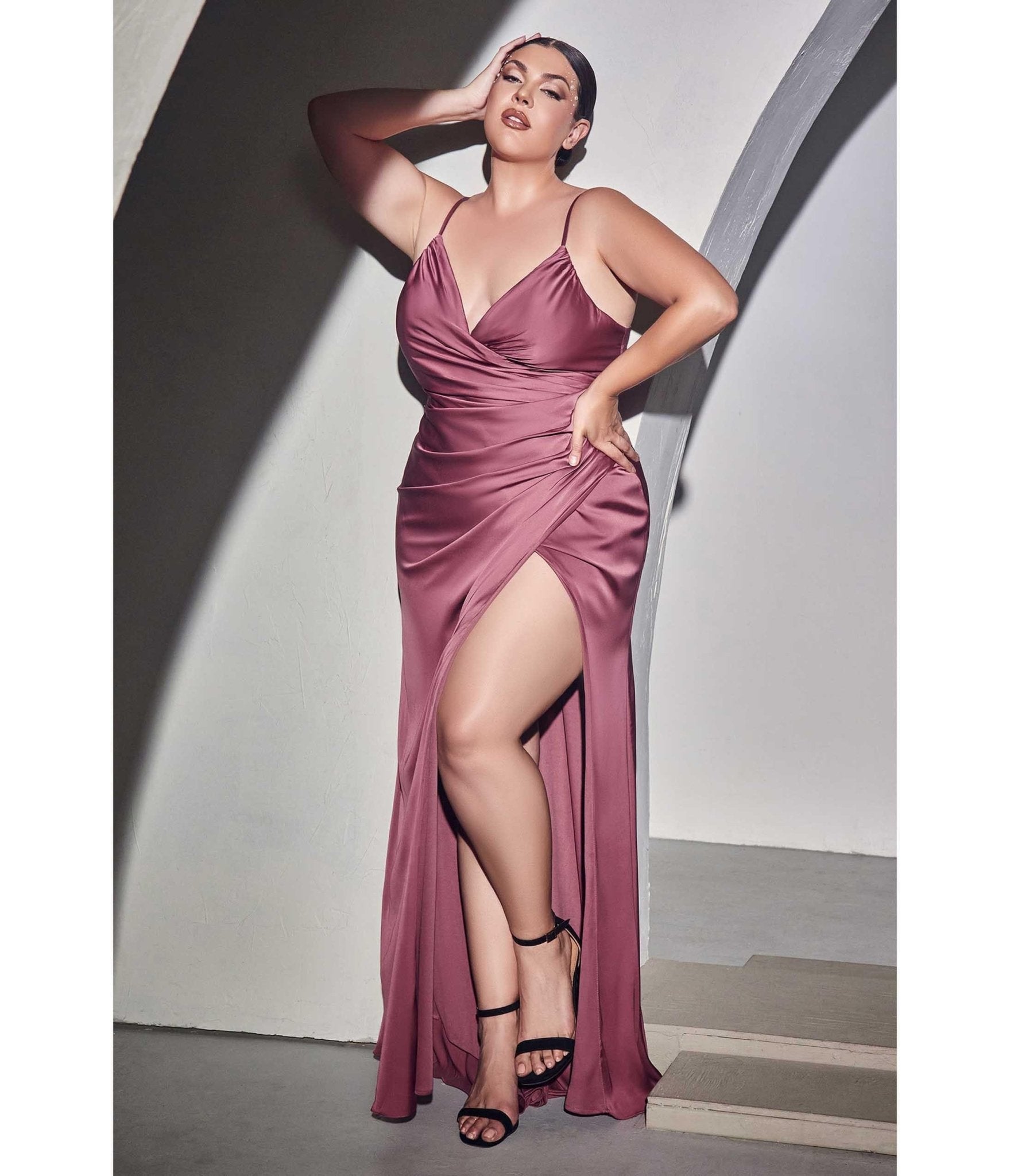 Ladivine by Cinderella Divine Plus Size Mauve Rose Ruched Satin Prom Dress for Women - Elegant Formal Gown for Homecoming, Evening Parties & Special Occasions
