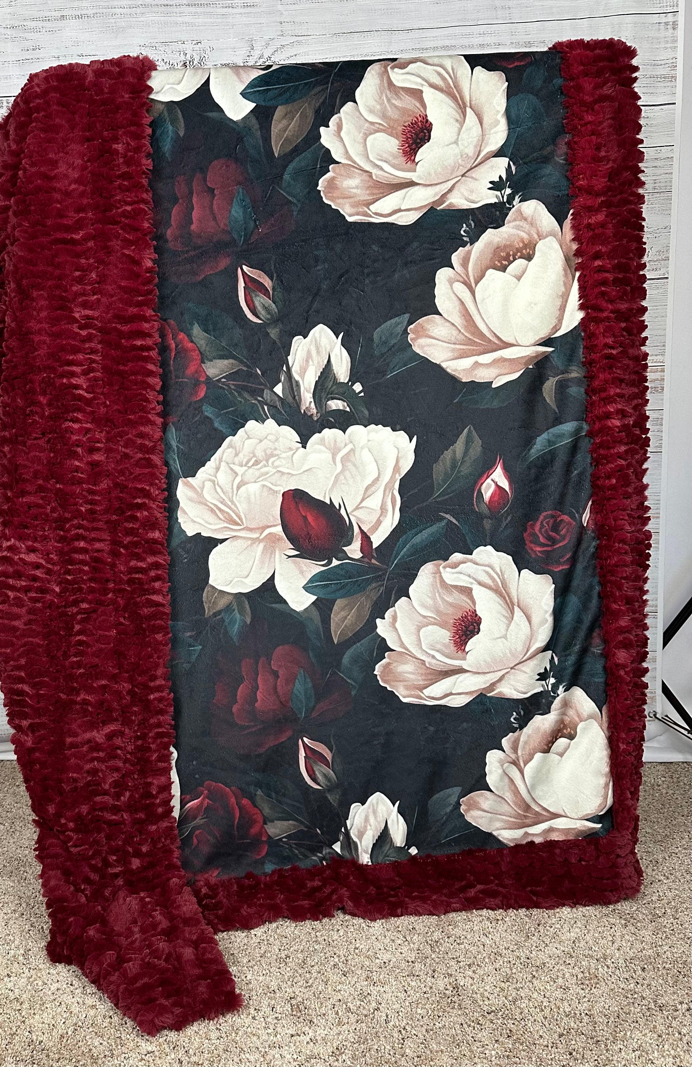 Gothic Rose on Merlot Luxury Large 55x79 Inch Minky Blanket - Ultra Soft & Durable Spoonflower Fabric - Perfect for Bedroom Decor, Cozy Sofa Throw, and Gift Giving