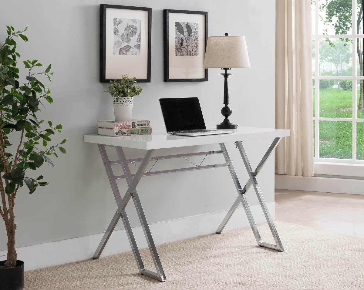 Modern White & Chrome Wood and Metal Writing Desk - Stylish Home Office Furniture for Small Spaces, Study Rooms & Workspaces
