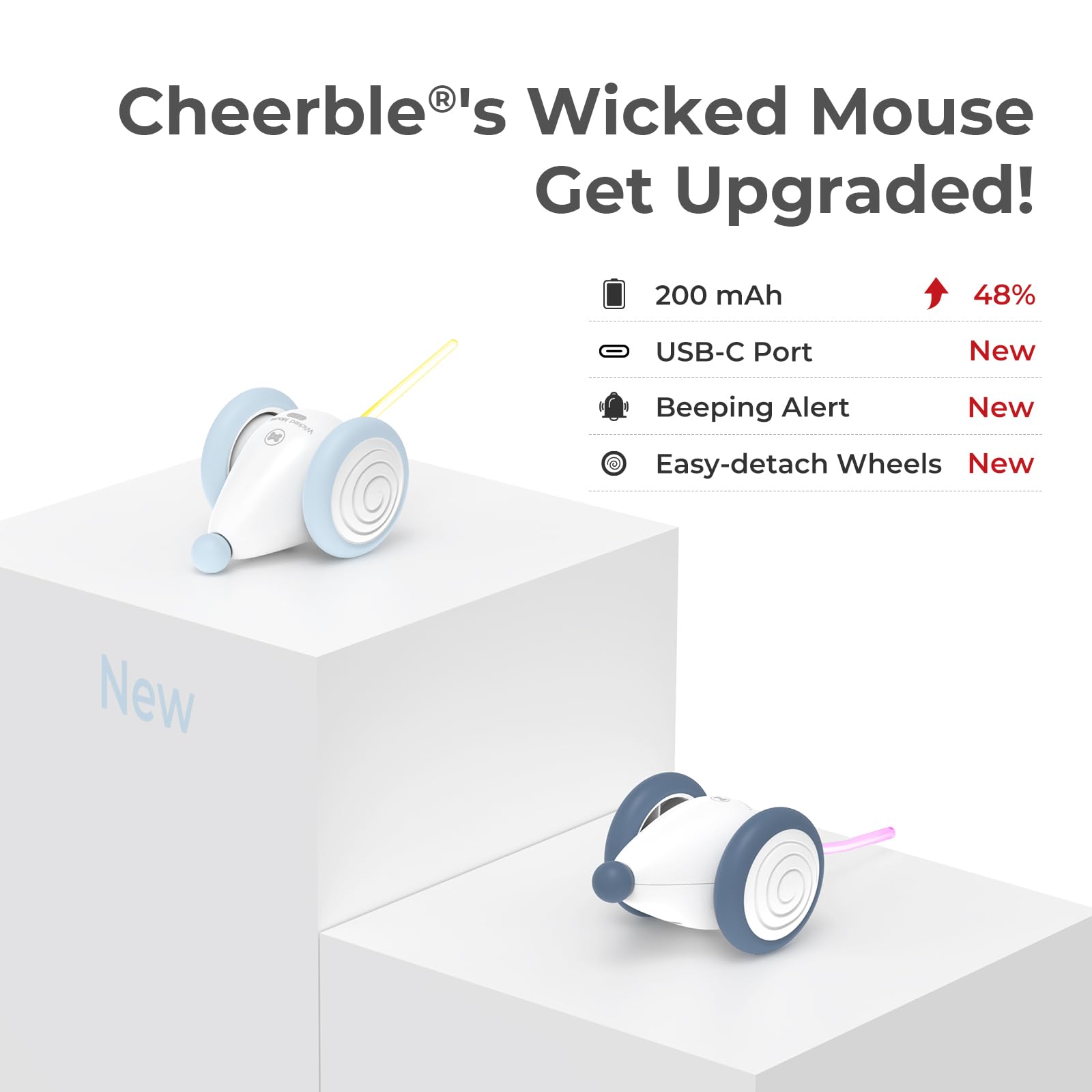 2024 Upgraded Cheerble Wicked Mouse Plus - Automatic Interactive Cat Toy with LED Lights, USB Rechargeable, Auto On/Off - Smart Electric Kitten Toy for Indoor Cats - Perfect for Playtime, Exercise & Boredom Relief (Blue)