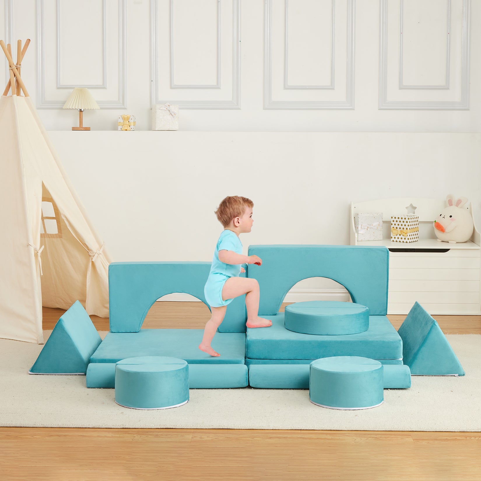 GARVEE 15Pcs Modular Kids Play Couch - Convertible Foam Sofa for Toddlers & Children | Creative Playroom Furniture for Boys & Girls in Teal | Perfect for Indoor Play, Reading Nook & Imaginative Playtime