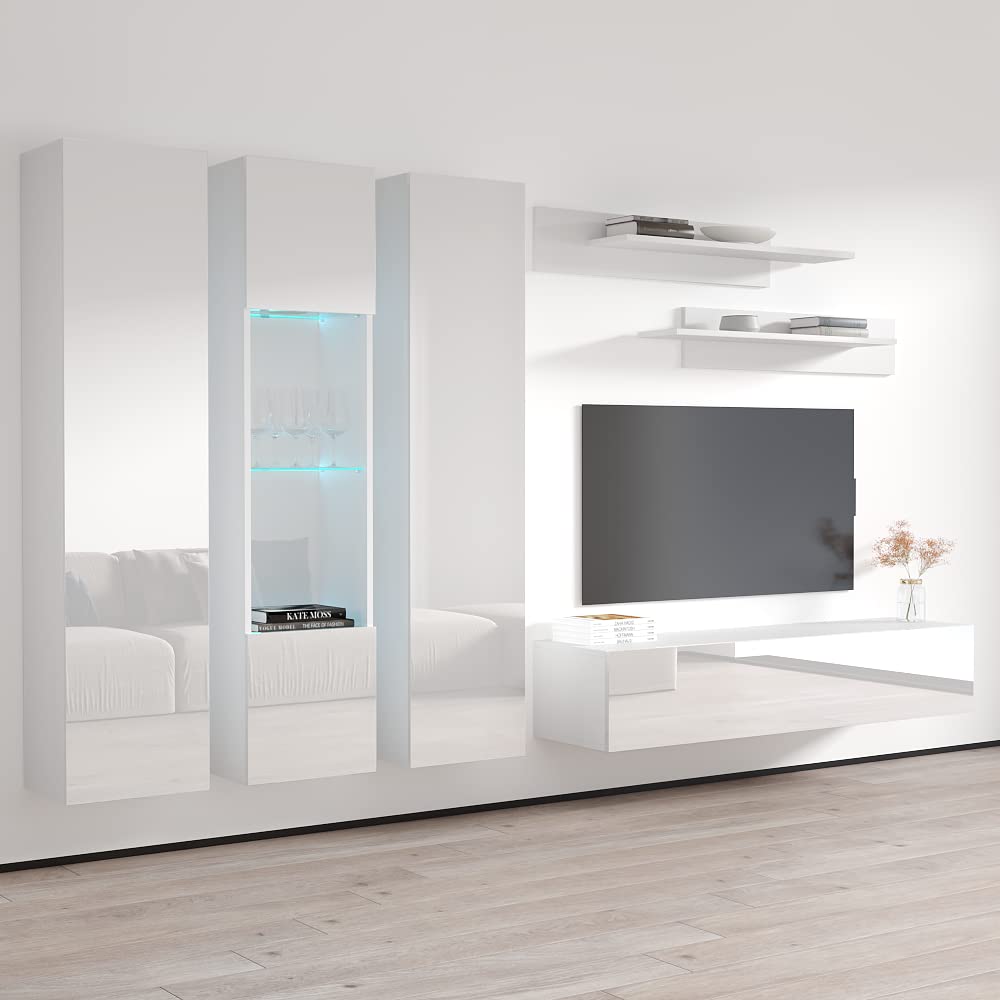 Modern White Floating TV Stand with Storage & LED Lights - Wall-Mounted Entertainment Center for Bedroom & Living Room - Meble Furniture Fly C5 30