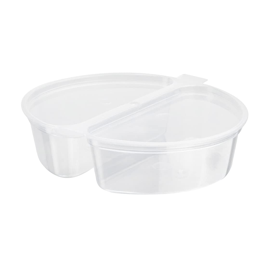 Restaurantware Futura 4oz Clear Plastic Snack Containers with Hinged Lid - 2 Compartment Microwavable Sauce Cups for Condiments, Dips, Takeout, Meal Prep & Party Serving (Pack of 500)