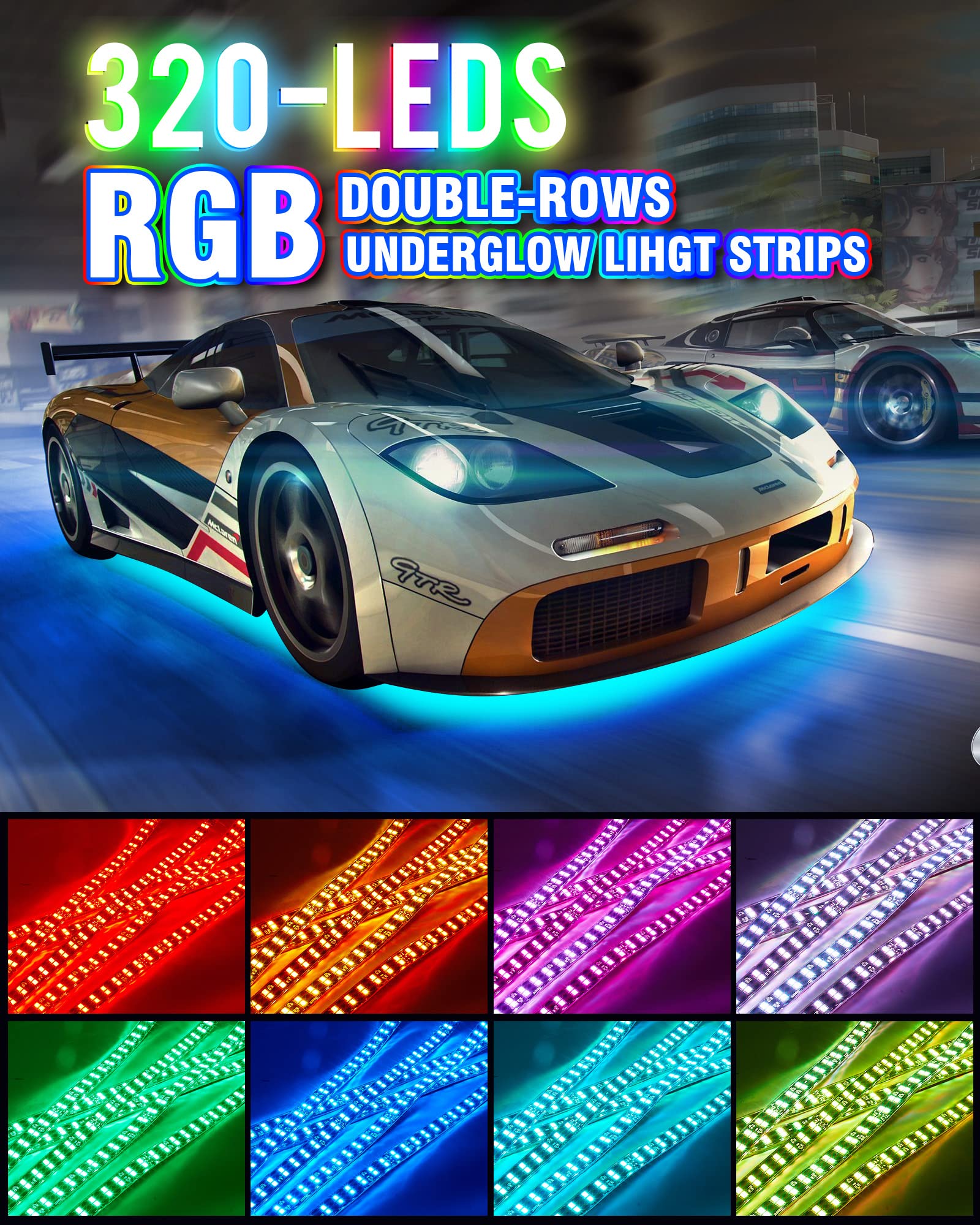4PCS Double Row RGB Underglow Car Lights with Music Sync & Dream Color - Exterior Neon Accent Light Strip Kit for Cars, Trucks, ATV, UTV, Boats - Perfect for Night Driving & Car Shows