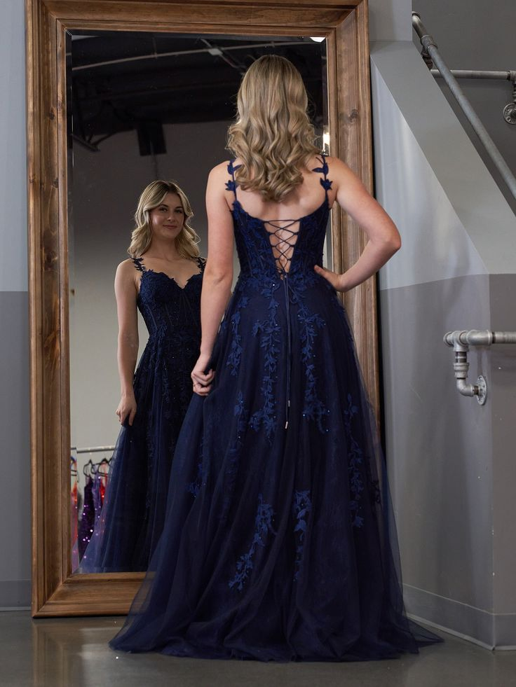 Elegant Navy Blue A-Line Tulle Prom Dress with Applique Details - Long Formal Party Gown J5106 | Perfect for Homecoming, Prom, Evening Galas & Special Occasions