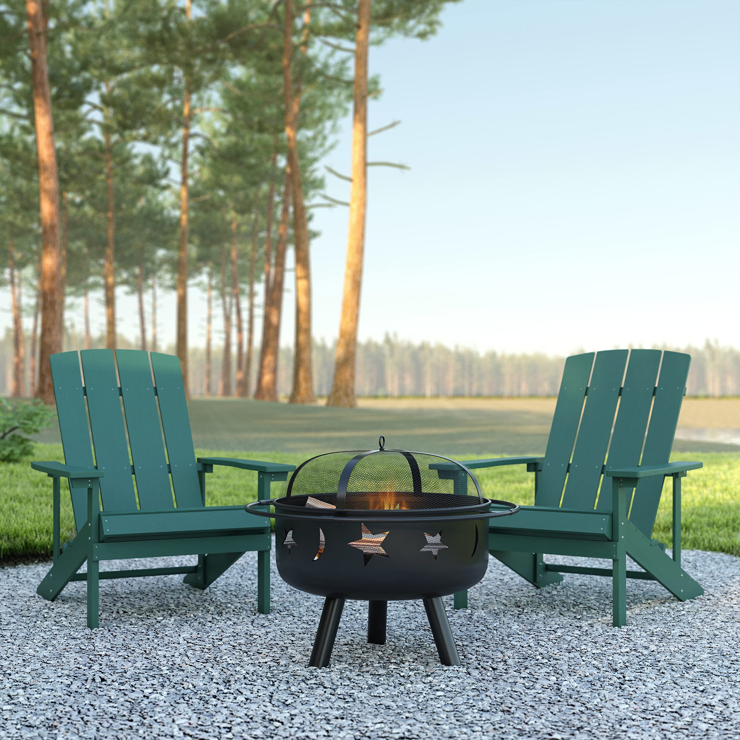 EMMA + OLIVER Campfire Set - 2 Green Poly Resin Adirondack Chairs & 29