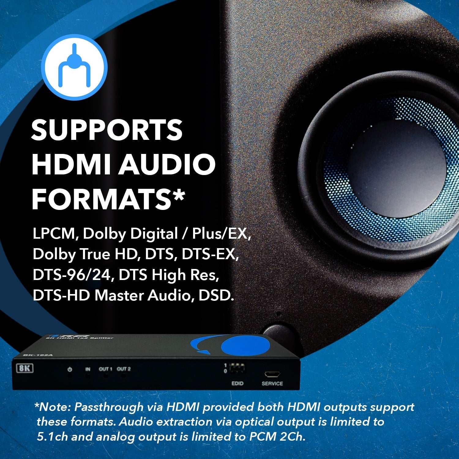 1x2 HDMI Splitter with Audio Out - 1 Input 2 Output, UltraHD 8K, EDID (BK 102A) - Perfect for Home Theater & Multi-Screen Gaming Setup