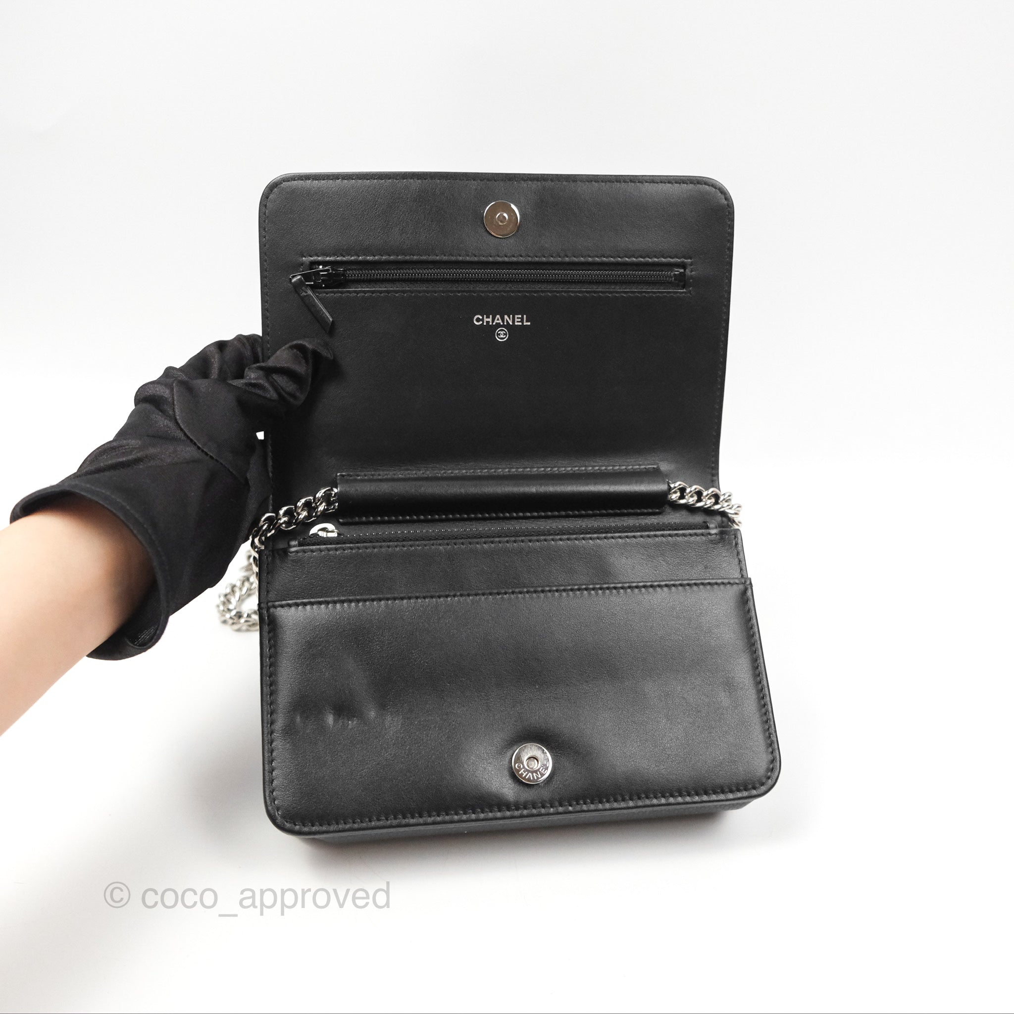 Chanel Chevron Boy Wallet on Chain WOC Black Caviar Leather with Silver Hardware - Luxury Crossbody Bag for Women, Perfect for Evening Parties & Date Nights