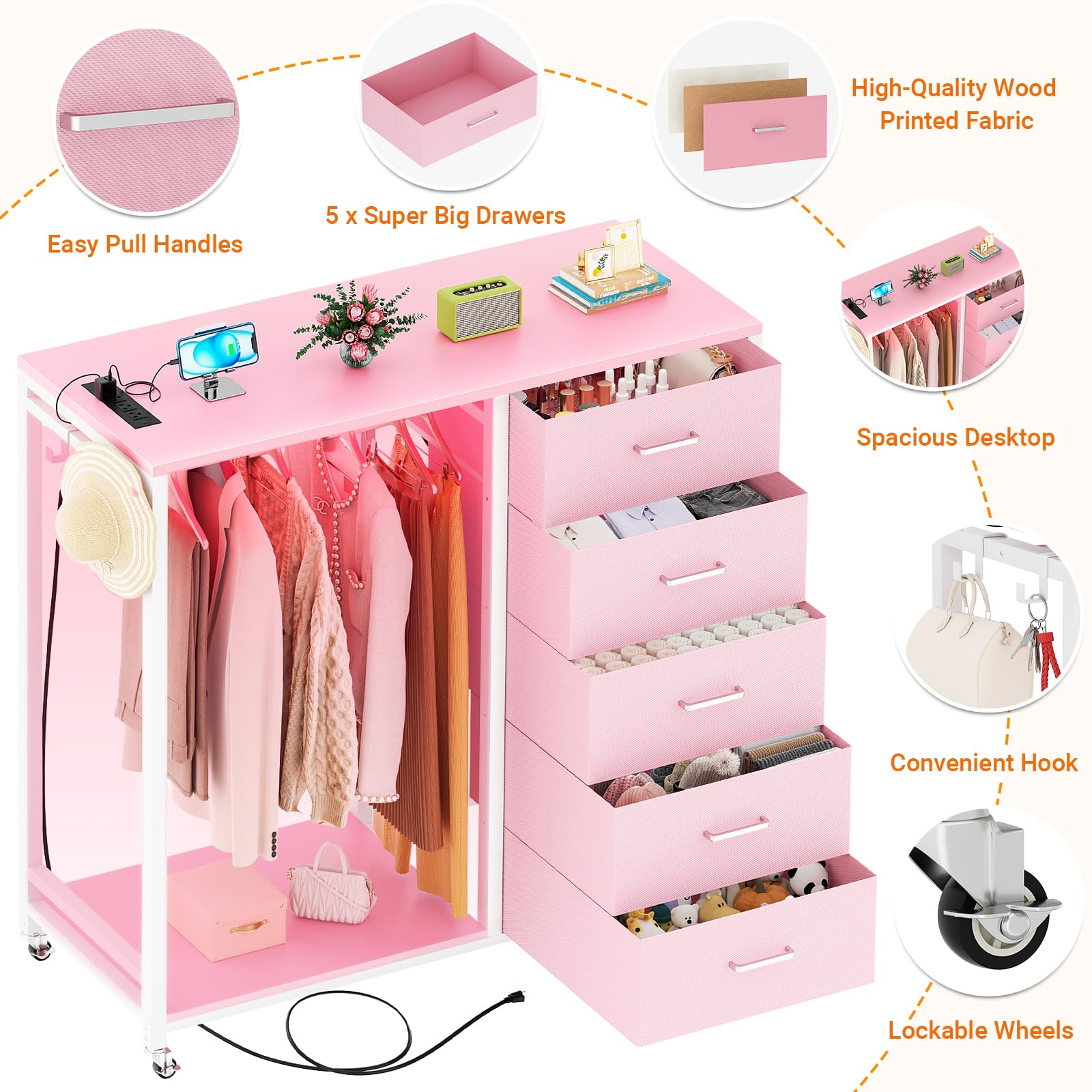Cyclysio 5-Drawer Dresser with Clothes Rack, Charging Station & LED Lights - Pink Rolling Storage Chest with Wooden Top & Lockable Wheels for Bedroom, Closet, Nursery, or Dorm Organization