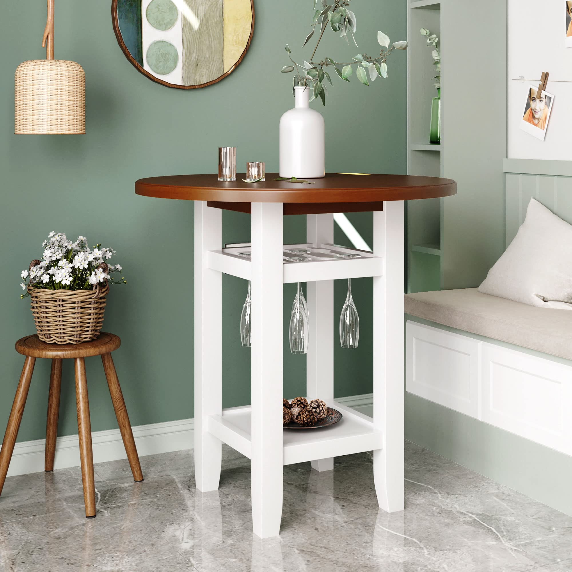Farmhouse Round Counter Height Kitchen Dining Table with Storage Shelf and Glass Holder - Cherry & White Finish - Perfect for Small Kitchens, Breakfast Nooks, and Cozy Dining Areas