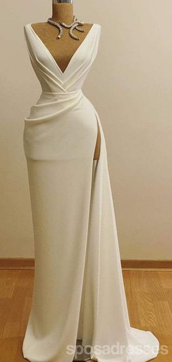 Ivory Sheath Deep V-Neck High Slit Long Prom Dress 13011 - Elegant Formal Gown for Homecoming, Evening Party & Special Occasions