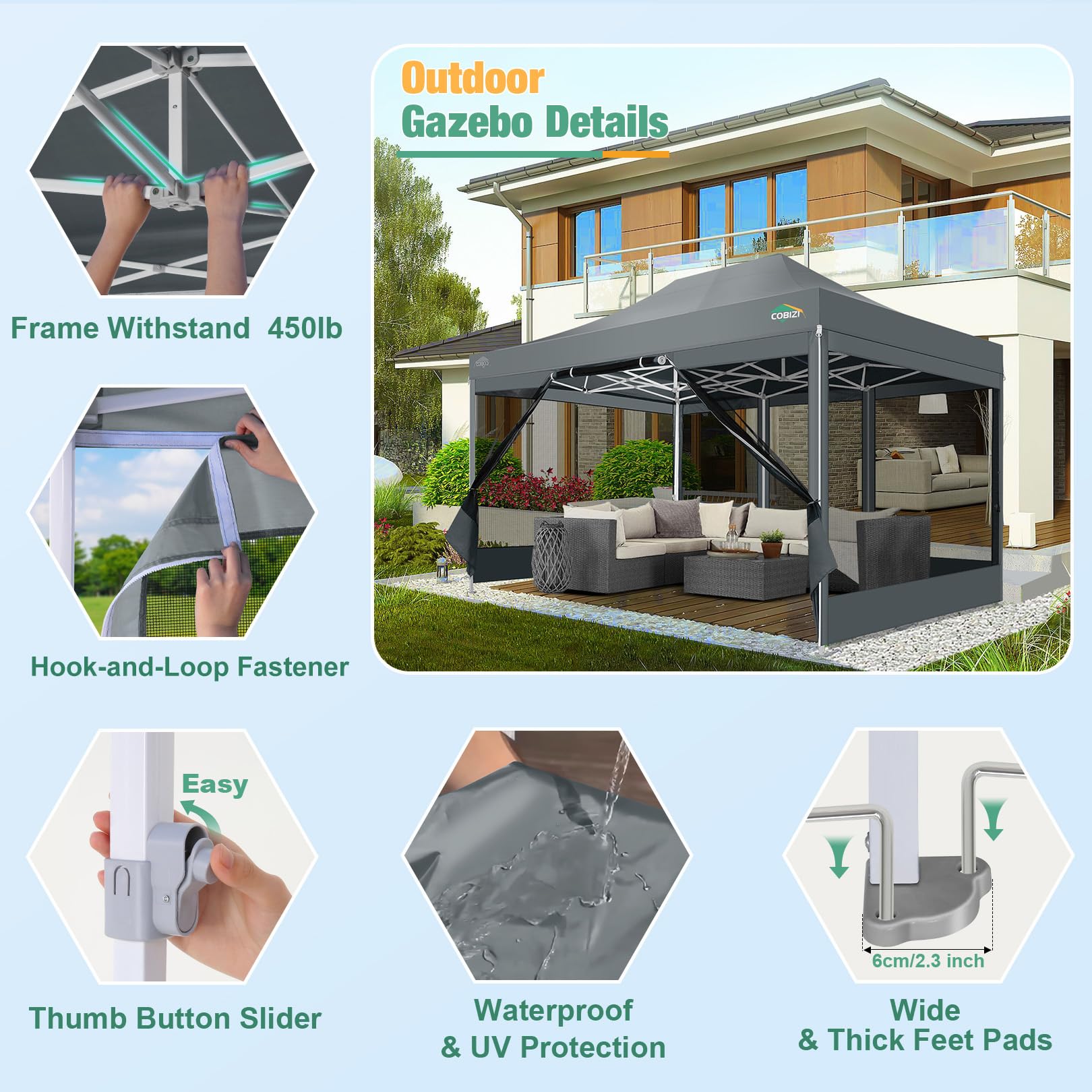 COBIZI 10x15 Heavy Duty Pop Up Canopy Tent with Waterproof Sidewalls & Mosquito Net - Easy Setup Instant Shelter for Outdoor Parties, Weddings, Backyard Events - Includes Carry Bag (Gray) | Perfect for Picnics, Camping, Farmers Markets & Tailgating