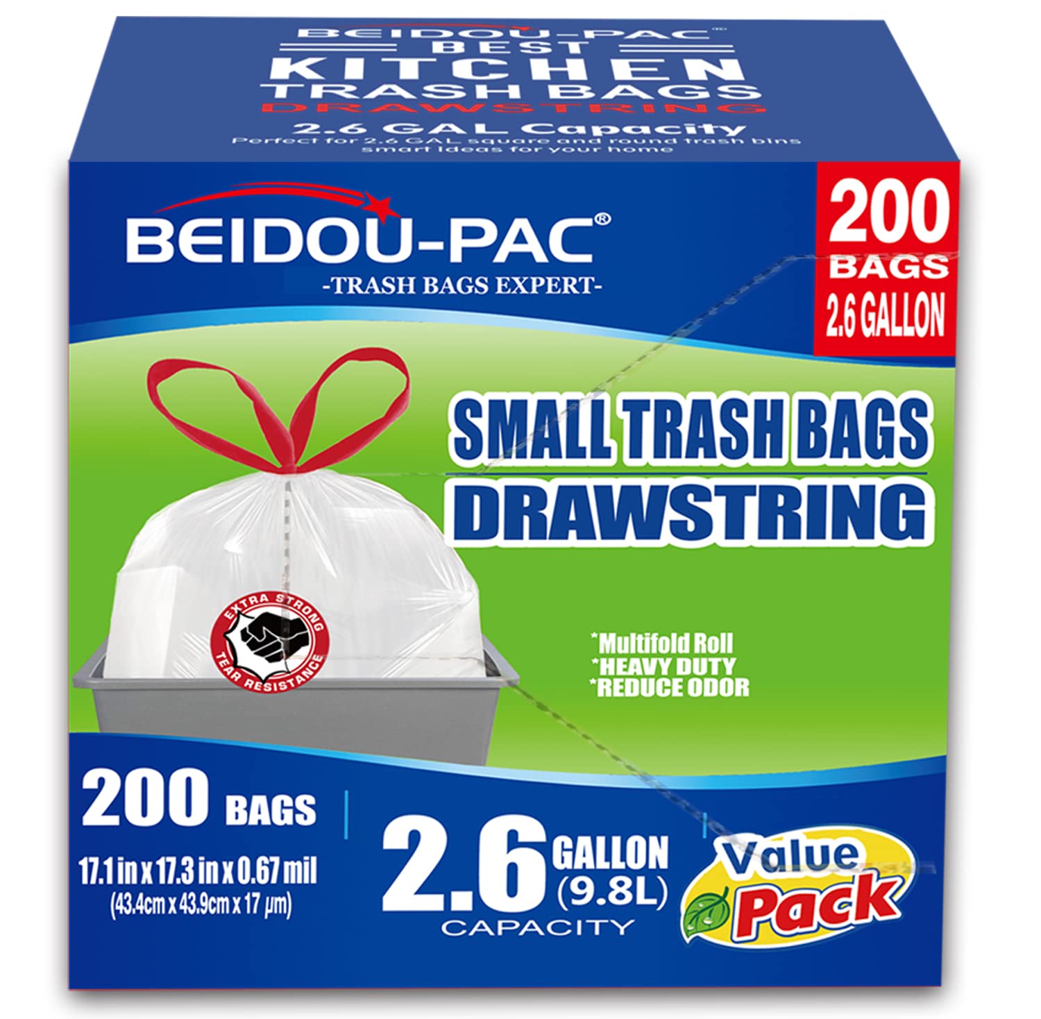 2.6 Gallon Drawstring Trash Bags - 200 Count Heavy Duty Garbage Bags for Kitchen, Bathroom, Office & Home Use - Extra Thick, Odorless White Plastic Waste Bags - Perfect for Food Scraps, Diapers & Daily Trash Disposal