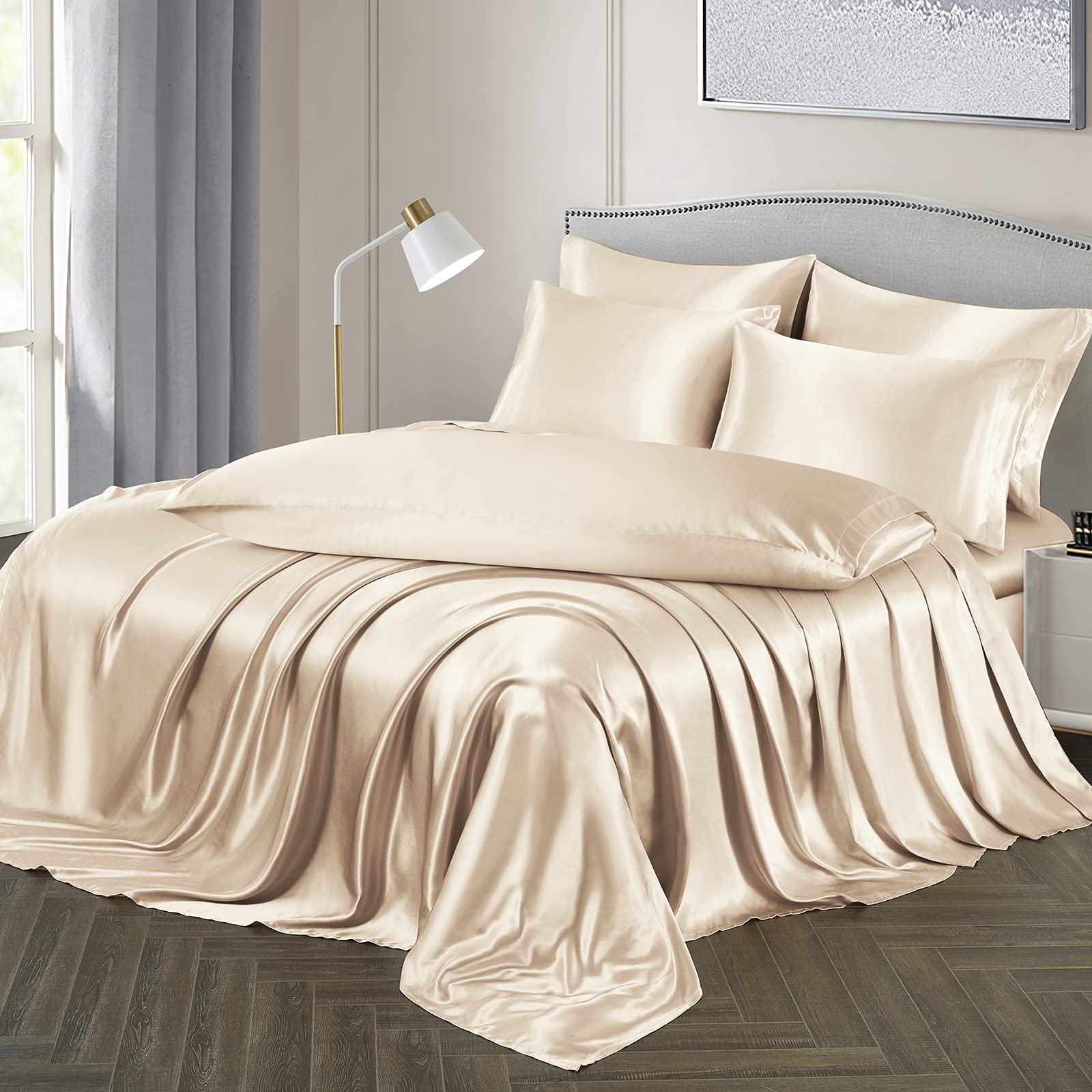 Luxury 7-Piece Satin Sheet Set King Size - Silky Soft Beige Bedding with Deep Pocket Fitted Sheet, Flat Sheet & 5 Pillowcases for Ultimate Comfort | Perfect for Master Bedroom, Guest Room & Luxury Hotels