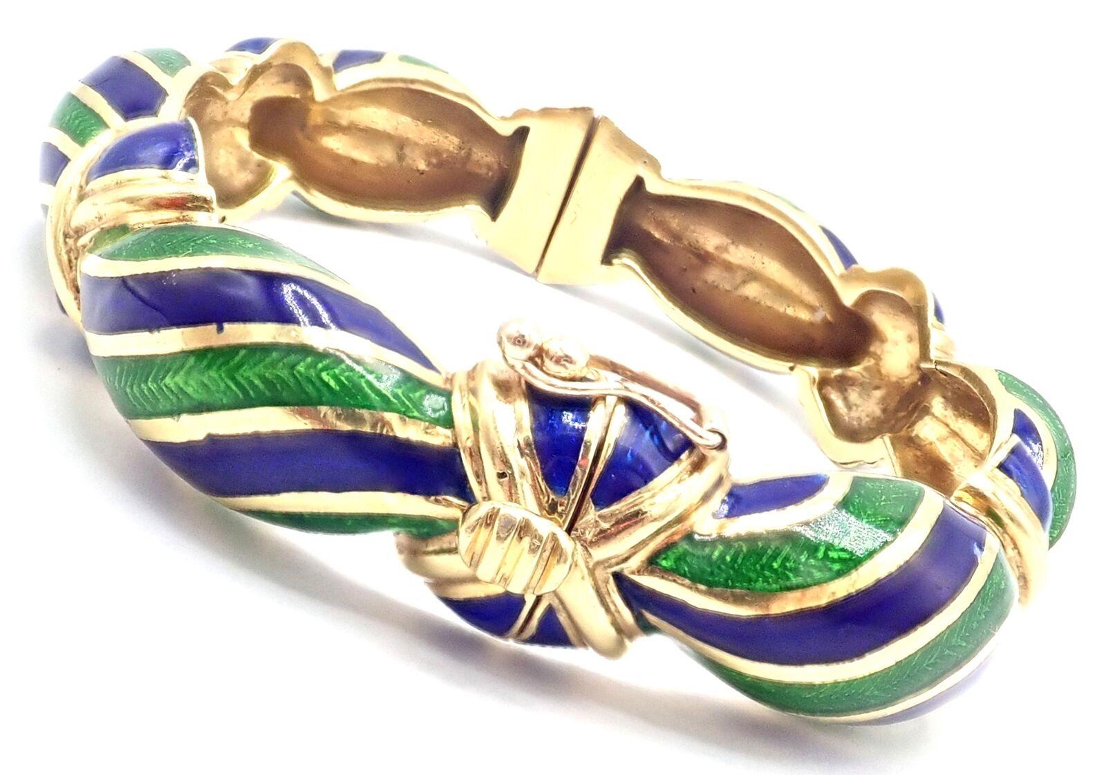 Authentic Vintage Tiffany & Co 18k Yellow Gold Enamel Bangle Bracelet with Green & Blue Design - Perfect for Weddings, Anniversaries & Luxury Gifts
