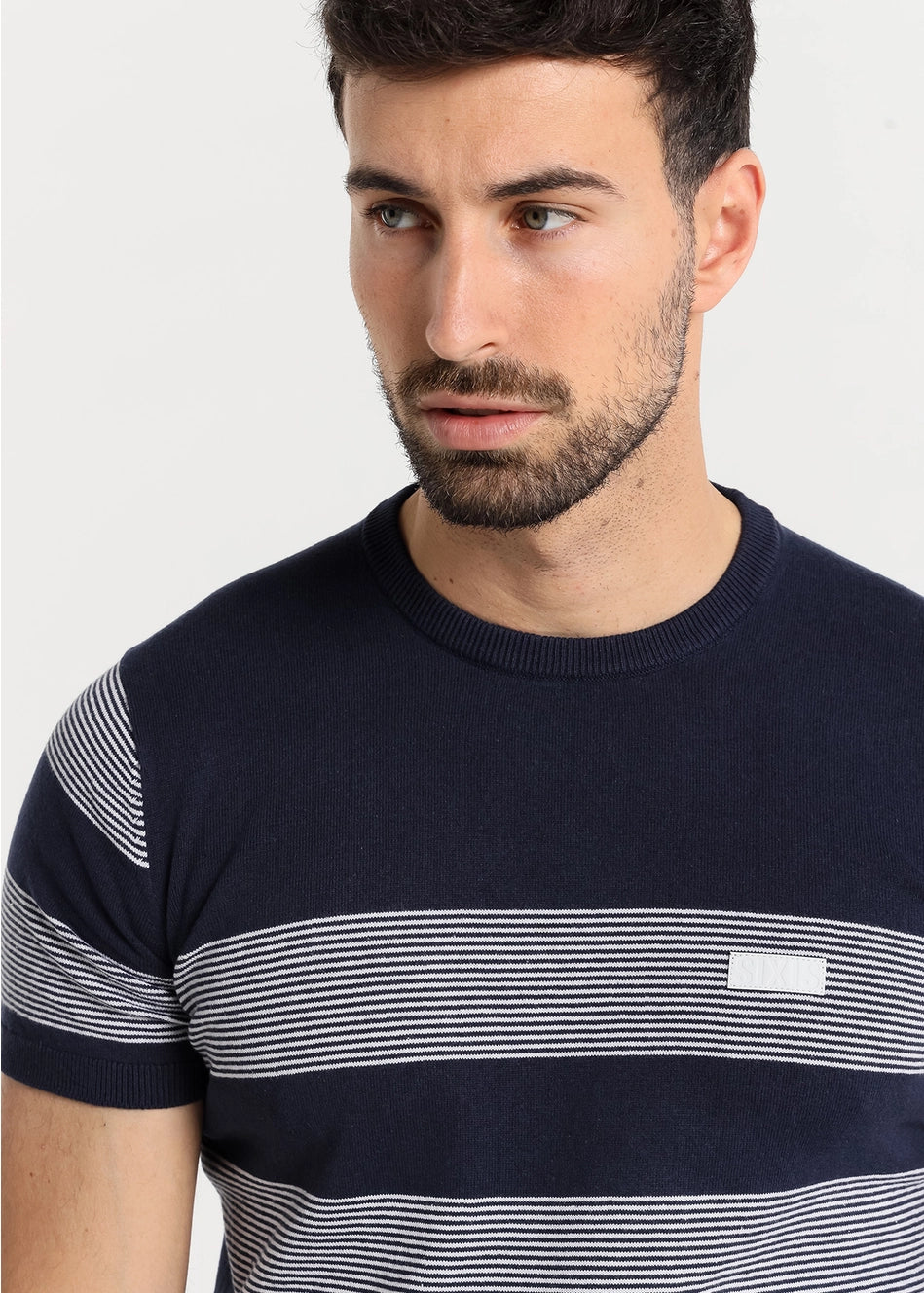 Six Valves Knit Striped Cotton T-Shirt for Men - Navy Blue Casual Tee - Perfect for Everyday Wear, Outings & Relaxation