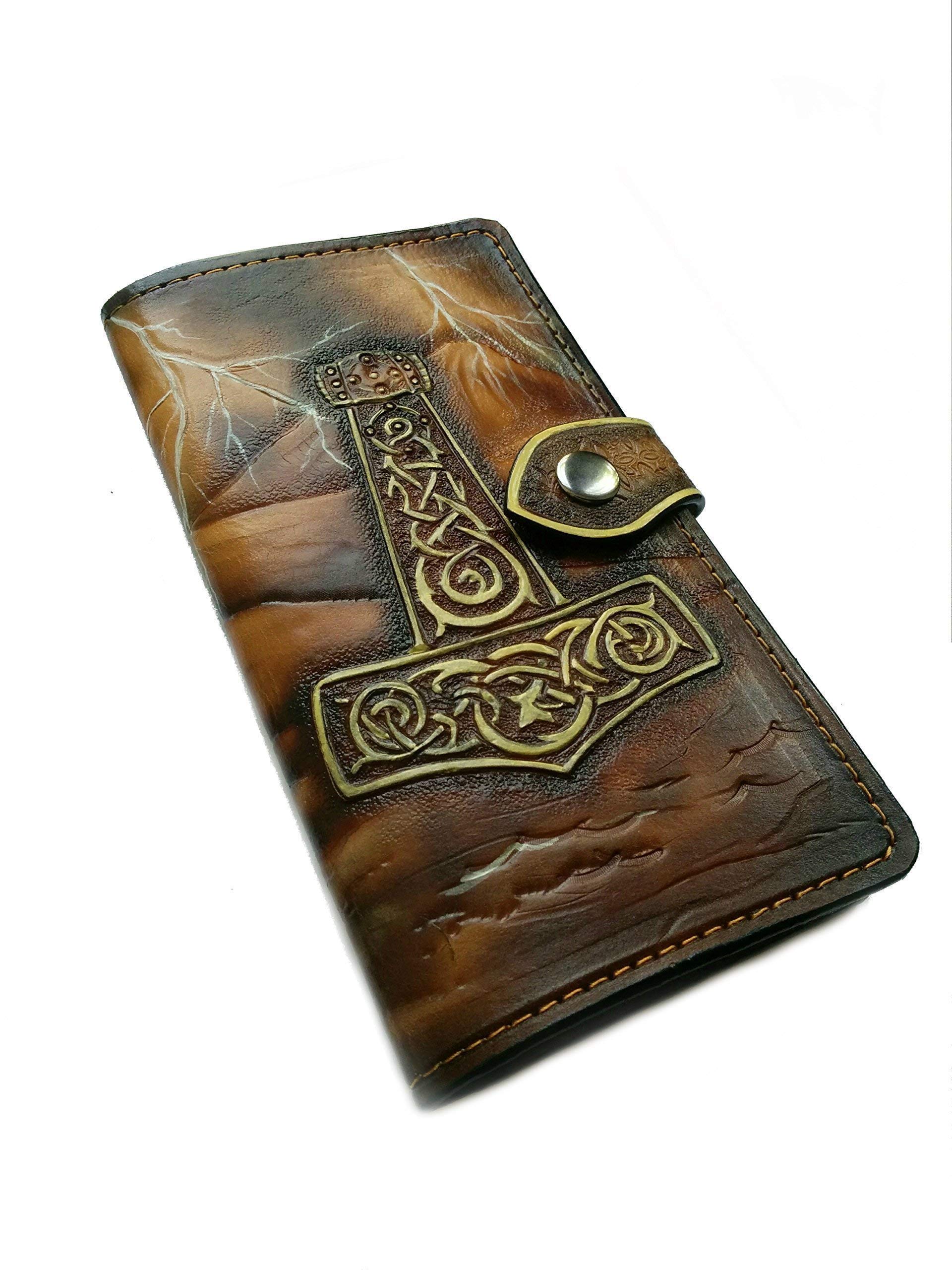 Viking Longship & Thor Hammer Mjölnir 3D Genuine Leather Men's Wallet - Handmade Biker Wallet with Airbrush Art, Custom Carved Design - Perfect for Gifts, Travel & Everyday Use