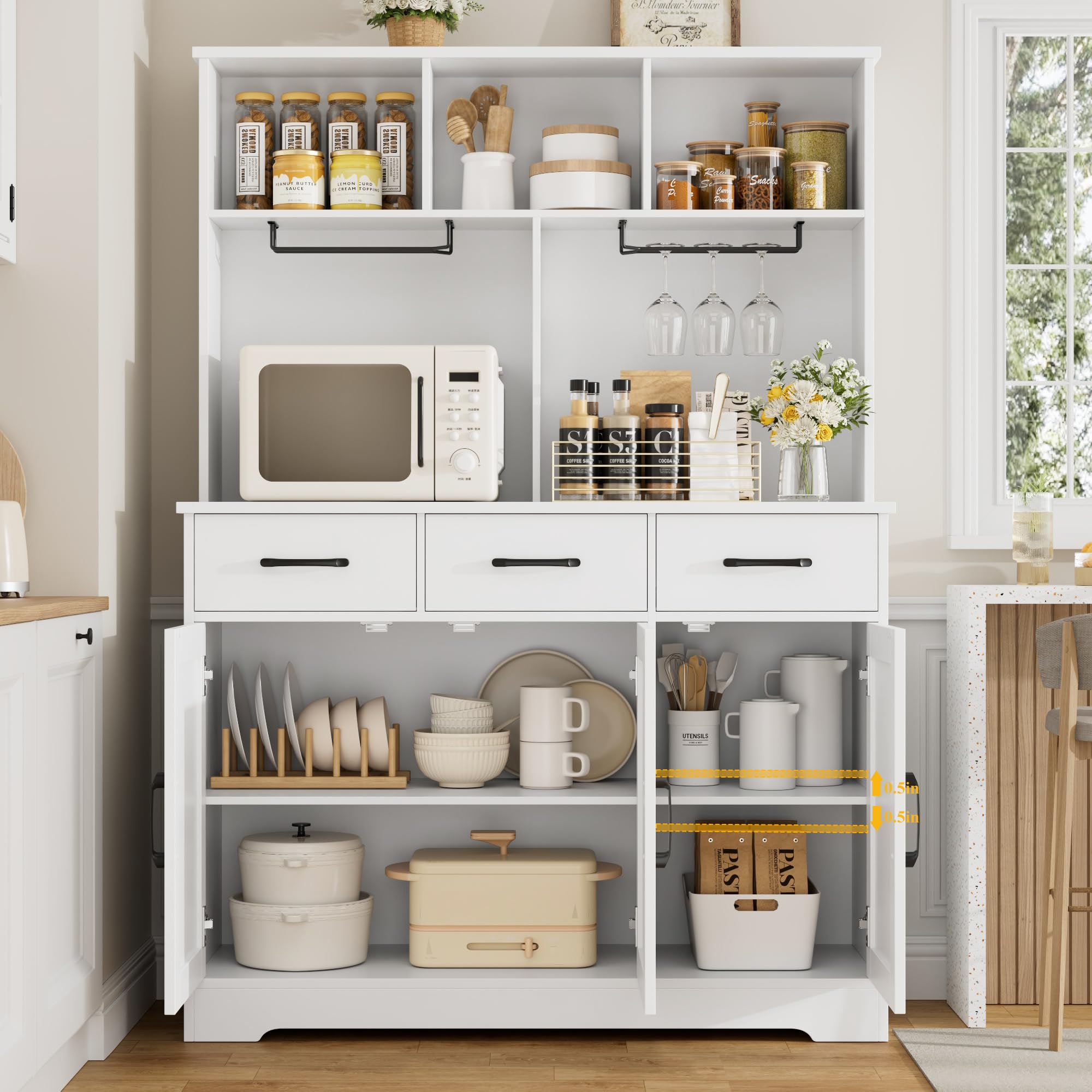 Modern Farmhouse Buffet Cabinet with Hutch - White Kitchen Sideboard Storage with 3 Drawers & Barn Door - Coffee Bar Station & Liquor Cabinet for Dining Room, Living Room - Perfect for Entertaining & Home Decor