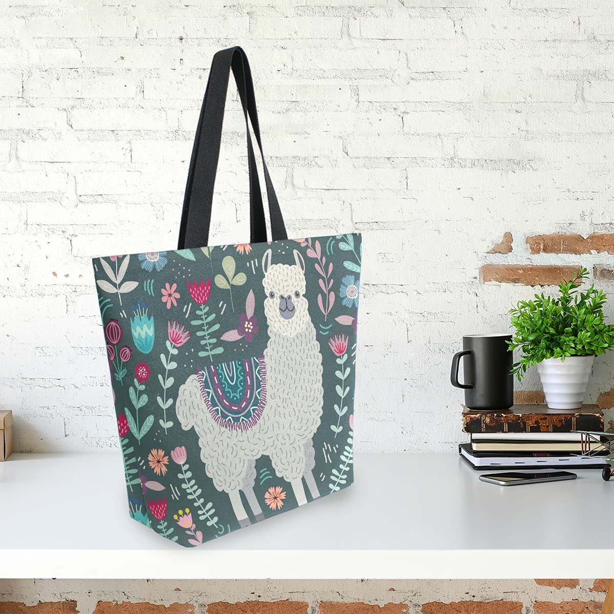 SUABO Large Llama Print Canvas Tote Bag for Women - Reusable Grocery Shopping Bag, Casual Shoulder Handbag for Outdoor, Beach, Travel & Daily Use