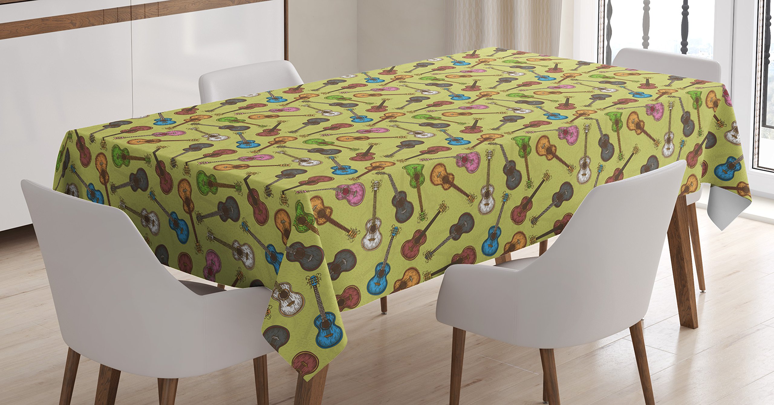 Ambesonne Guitar Tablecloth - Colorful Wooden Acoustic Guitar Design with Sketch Art Style & Swirled Strings, 60x84 Inch Rectangular Table Cover for Dining Room, Kitchen Decor | Perfect for Music Lovers, Themed Parties & Home Decoration